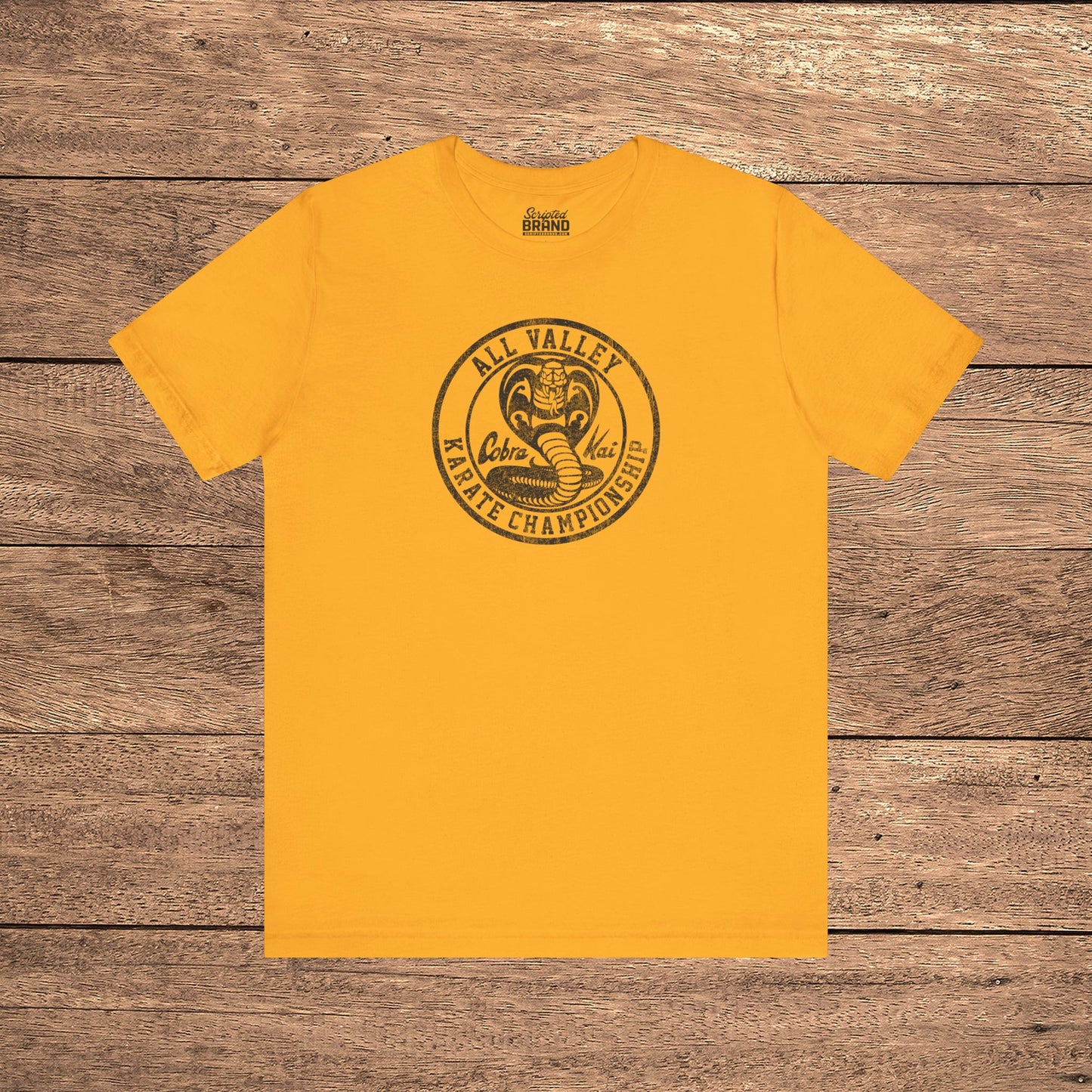 Gold Cobra Kai All Valley Karate Championship vintage distressed graphic t-shirt, soft Bella+Canvas cotton Karate Kid tee