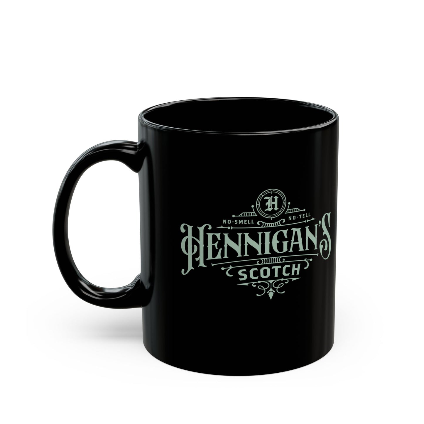 11 ounce Black mug with 'Hennigan's Scotch' branding on a white background