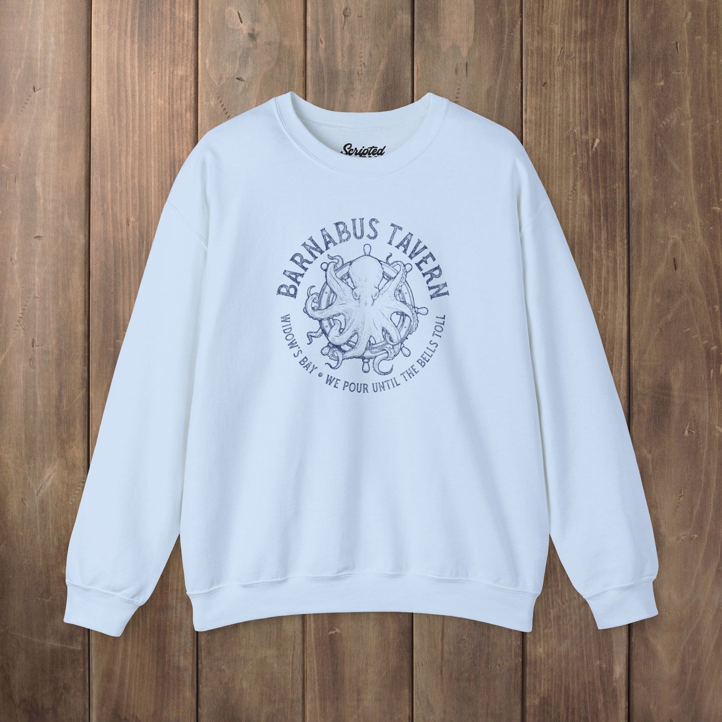Light blue crewneck sweatshirt with vintage Barnabus Tavern graphic from Widow's Bay TV show octopus design