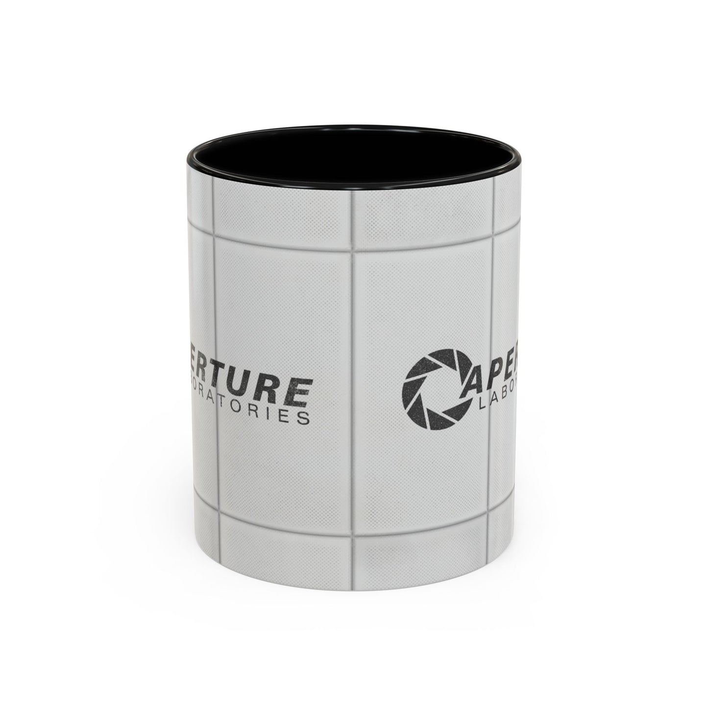 Side view of Black accent 11oz mug with Aperture Laboratories logo, Portal test chamber panel wall wrap, logo printed both sides.