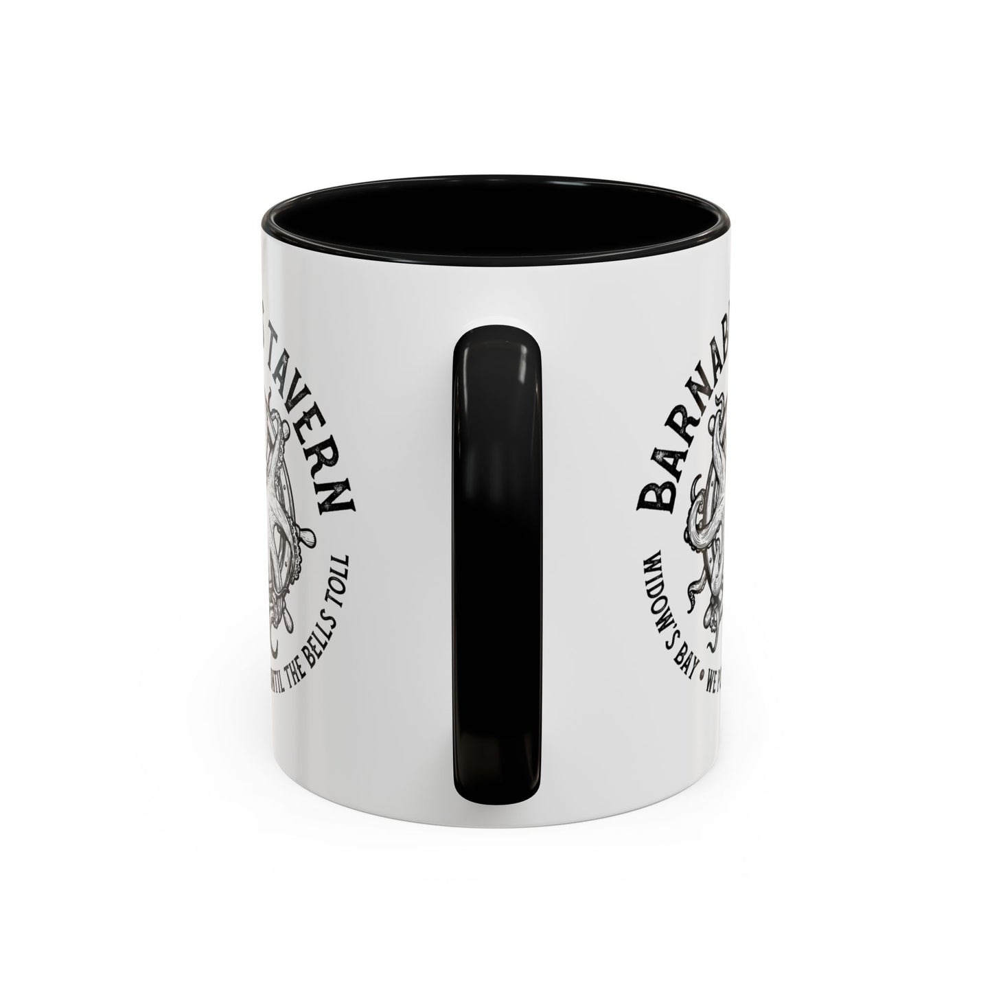 Handle side view of accent mug with black handle on left and vintage Barnabus Tavern octopus ship's wheel design inspired by Widow's Bay.