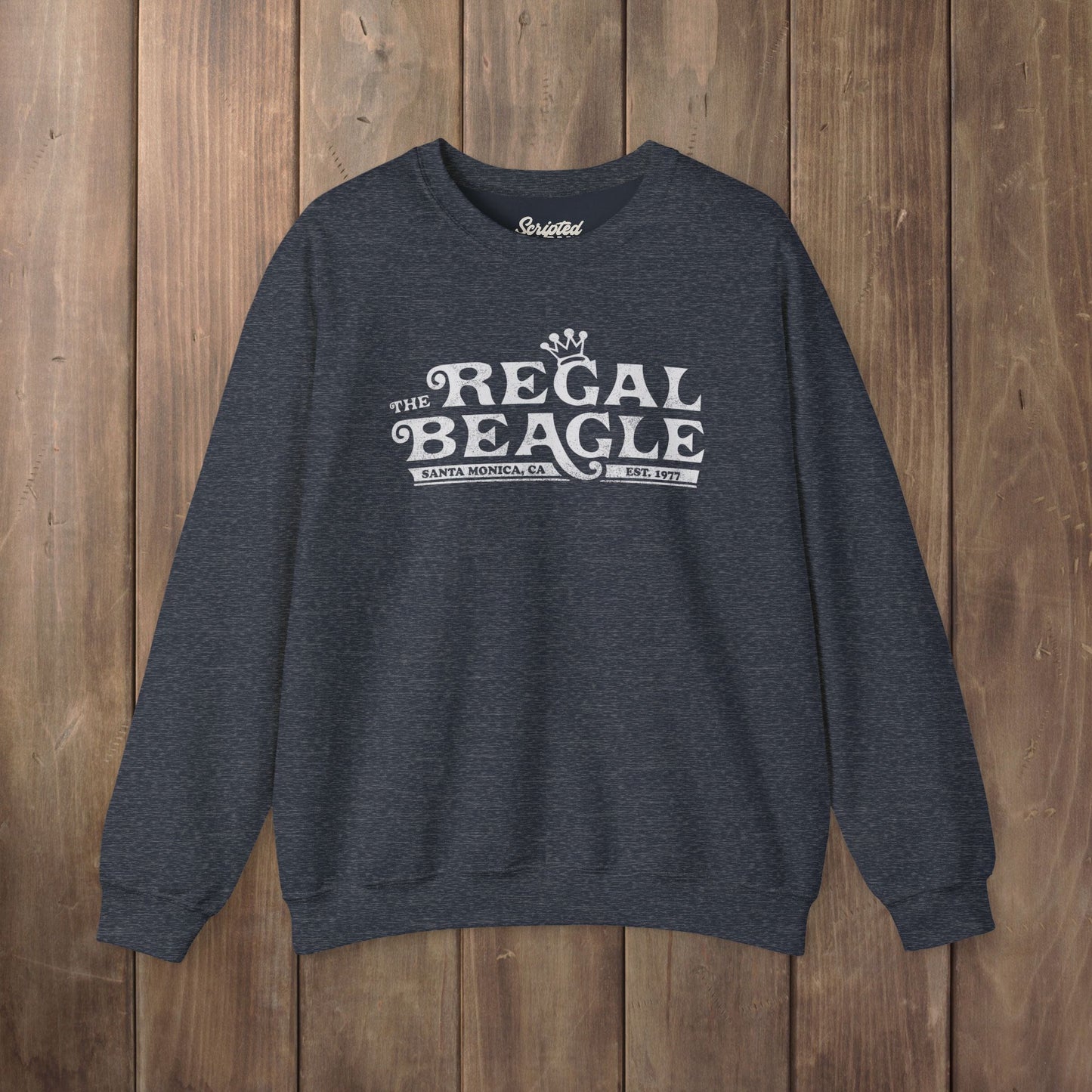 Heather Navy Blue crewneck sweatshirt with vintage distressed blue Regal Beagle Three's Company logo