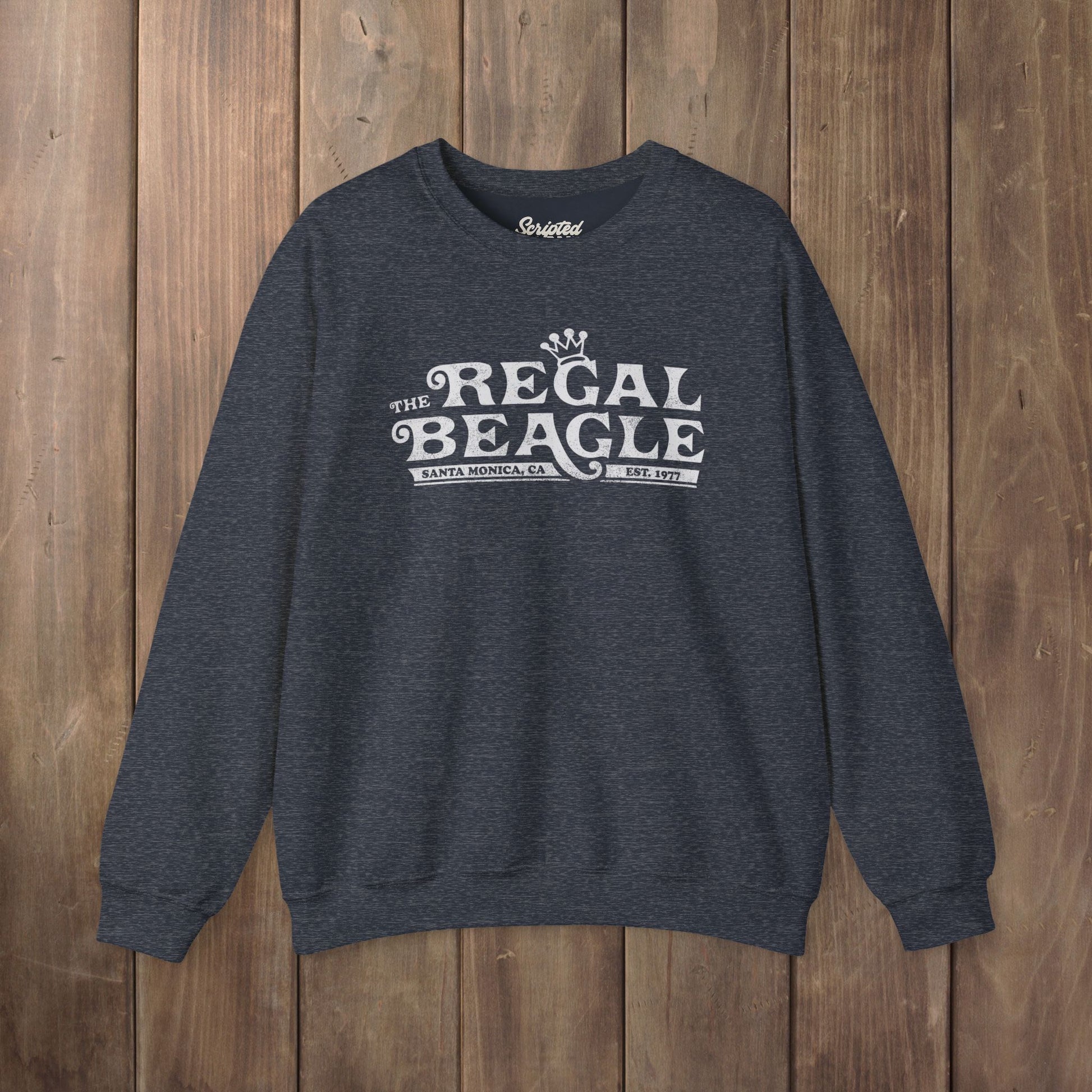 Heather Navy Blue crewneck sweatshirt with vintage distressed blue Regal Beagle Three's Company logo