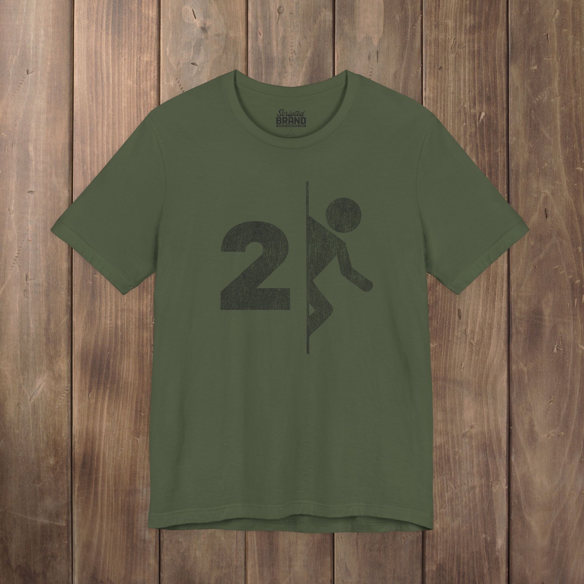 Military green tee with vintage distressed Portal 2 partial logo figure diving through a portal, aperture labs