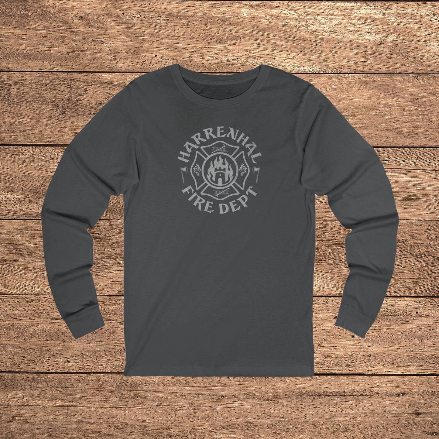 Asphalt gray Harrenhal Fire Department vintage distressed graphic long-sleeve t-shirt, Bella+Canvas cotton Game of Thrones inspired tee