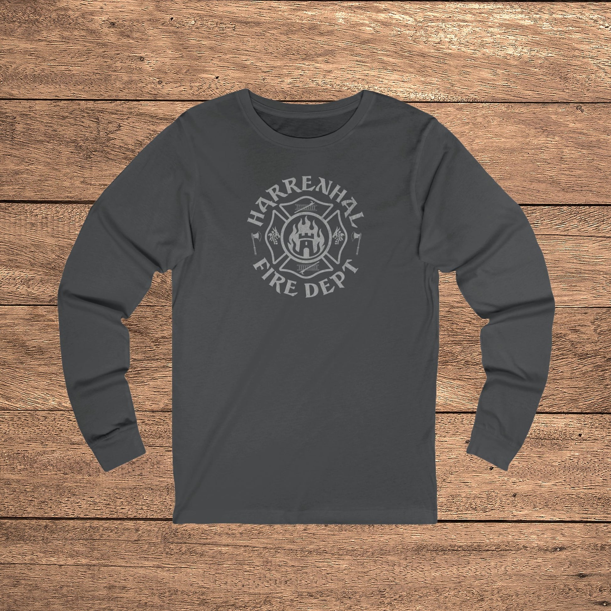 Asphalt gray Harrenhal Fire Department vintage distressed graphic long-sleeve t-shirt, Bella+Canvas cotton Game of Thrones inspired tee