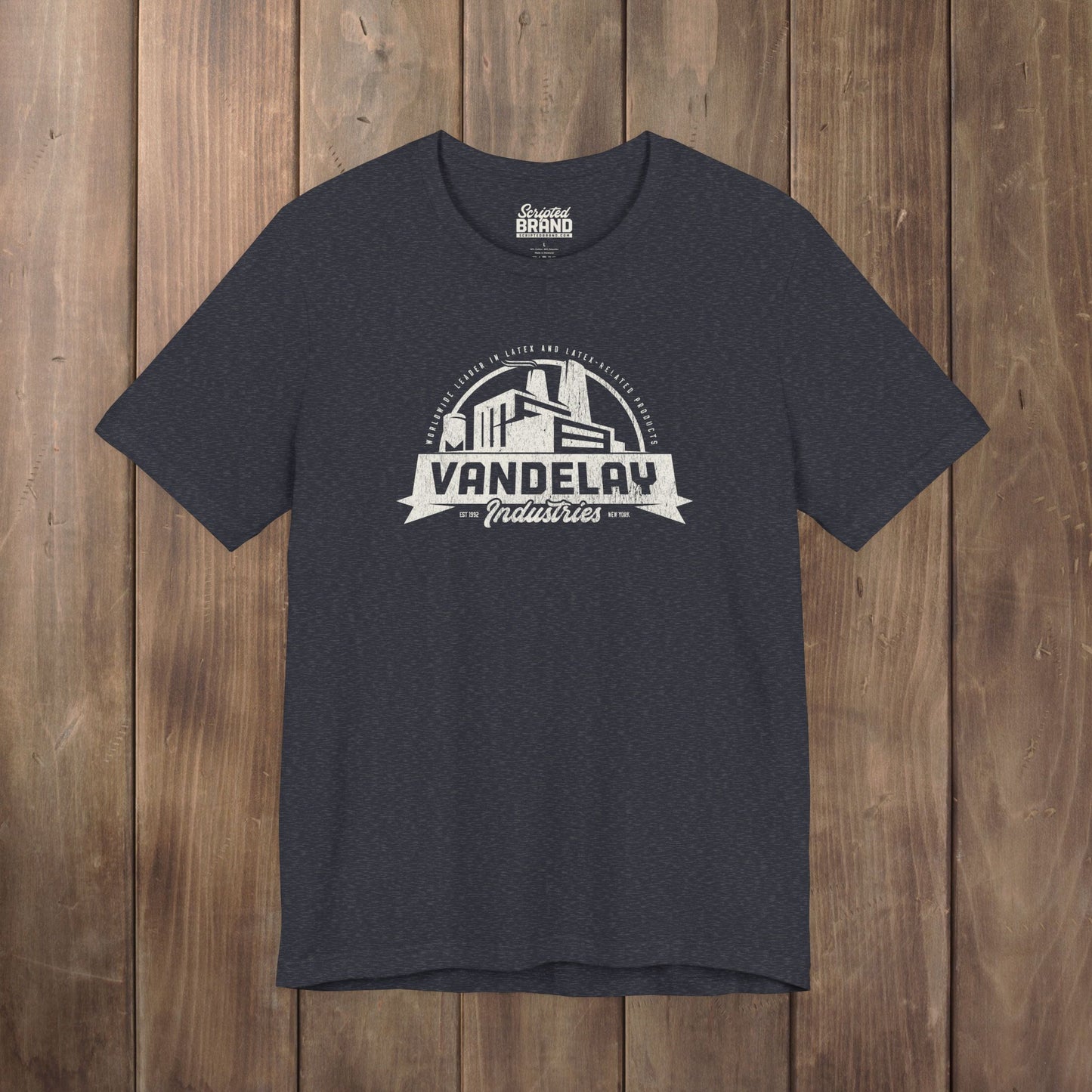 Heather Navy Blue Bella+Canvas 3001 t-shirt with a Vandelay Industries logo that George Costanza made up in the TV Show Seinfeld.