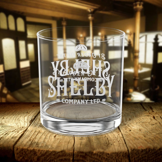 front view mockup of 10 ounce Rocks Glass with Shelby Company LTD logo from Peaky Blinders printed on both sides