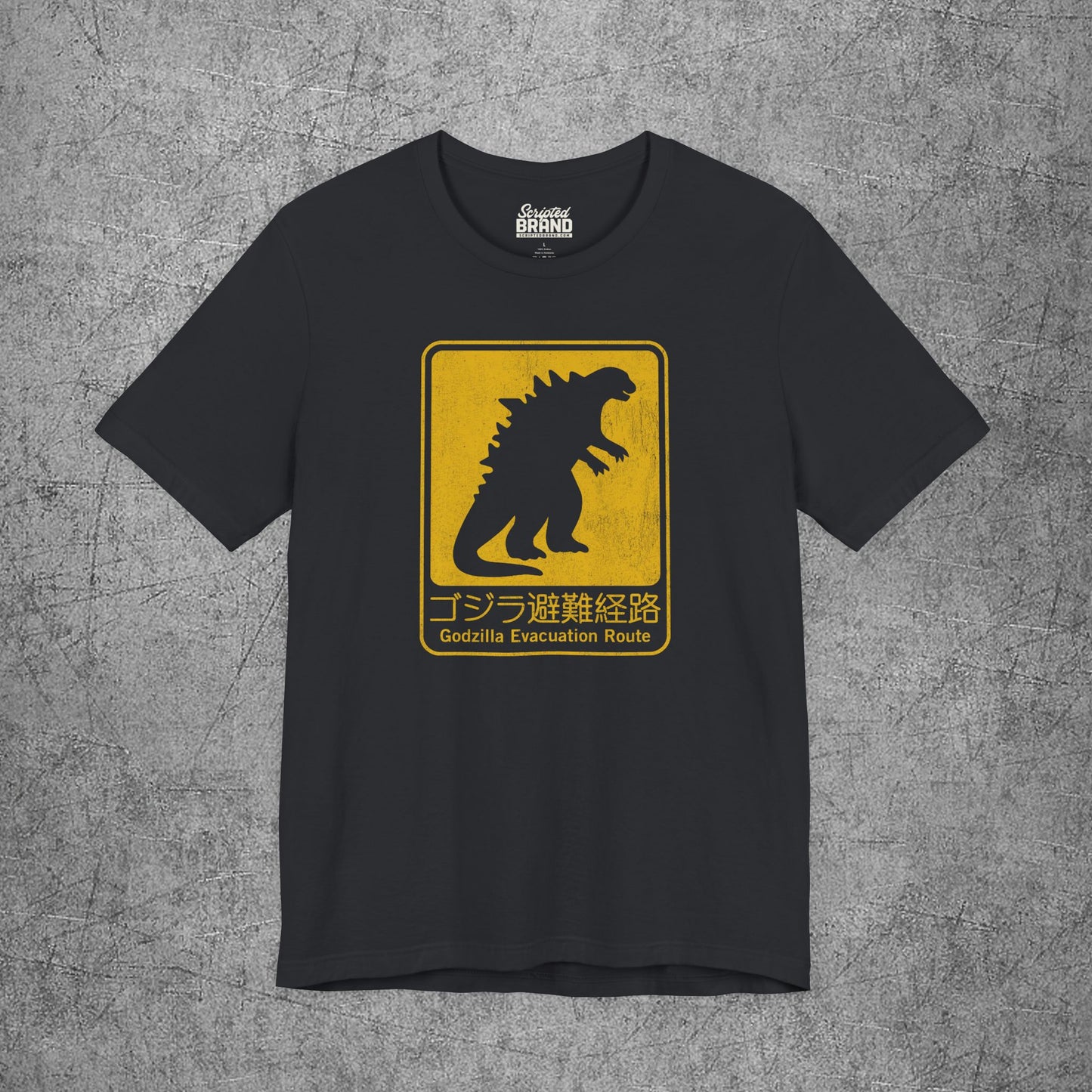 Vintage black Godzilla Evacuation Route distressed graphic t-shirt inspired by Monarch Legacy of Monsters, soft Bella+Canvas tee