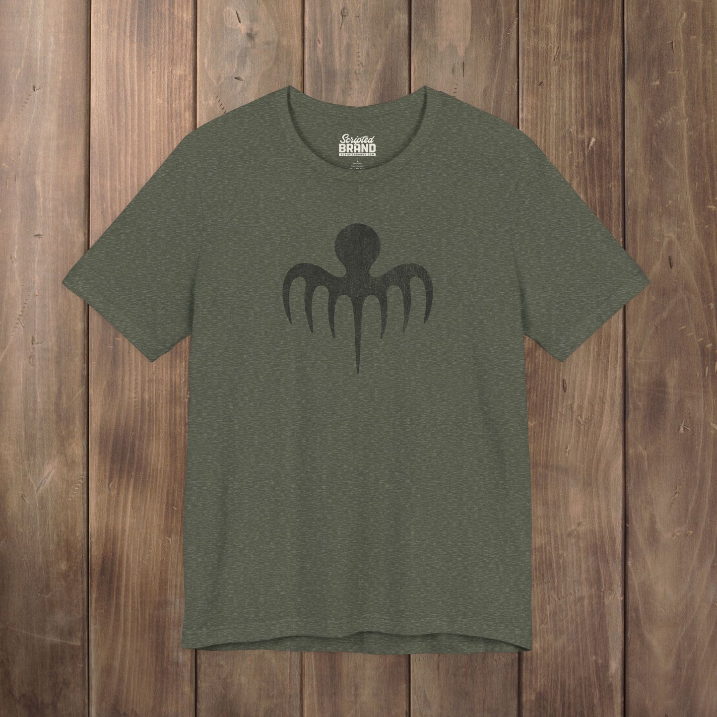 Heather military green tee with vintage distressed black Spectre octopus emblem James Bond-inspired graphic