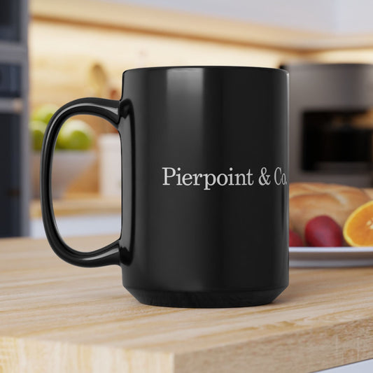 Black mug with 'Pierpoint & Co' text on a kitchen counter