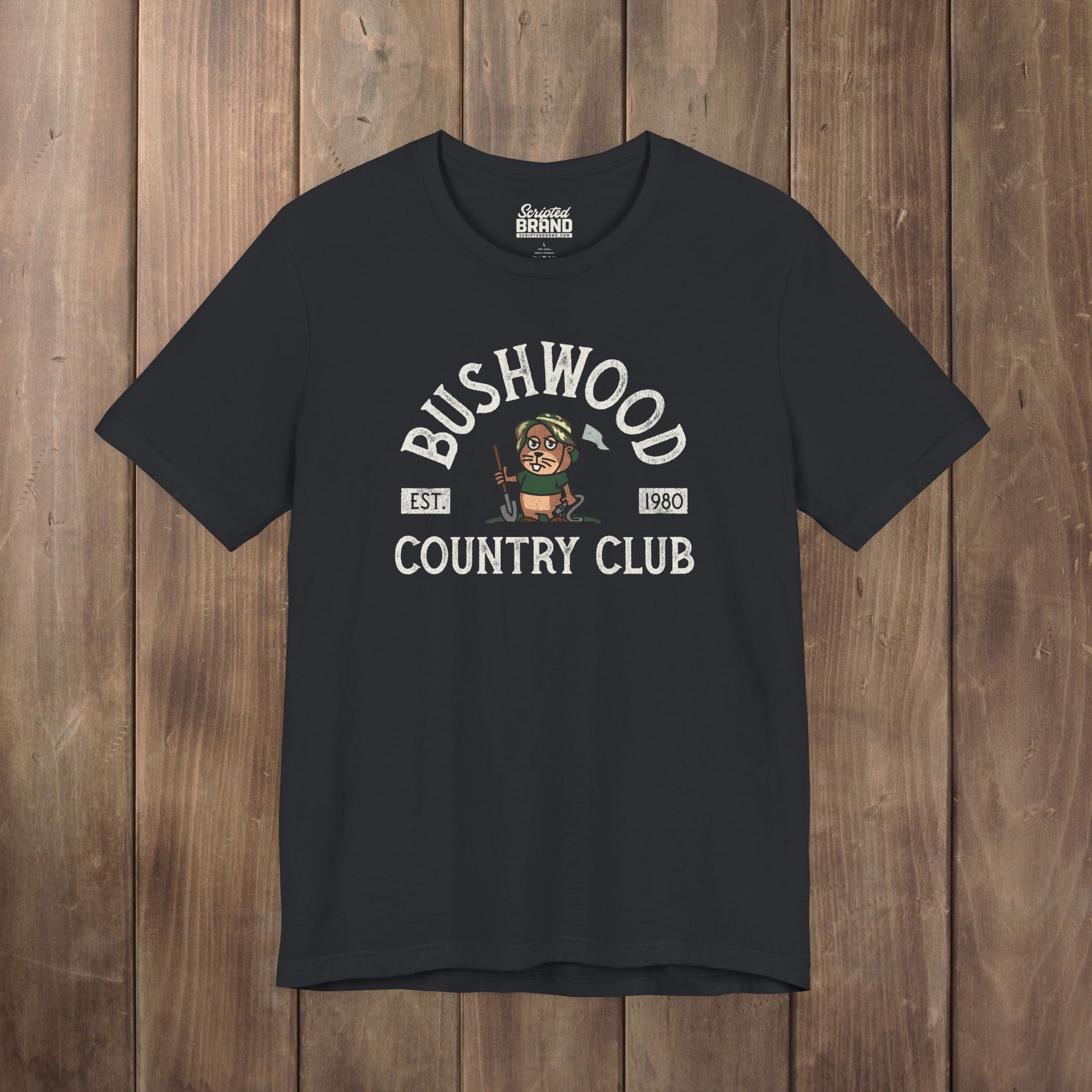 Black Bella+Canvas tee with a vintage distressed Bushwood Country Club golf gopher logo from Caddyshack