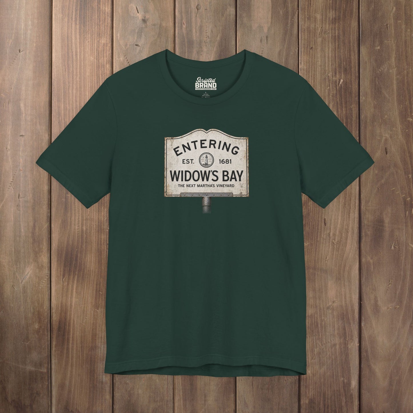 Forest green 'Entering Widow's Bay' vintage town sign t-shirt inspired by Apple TV series, soft Bella+Canvas cotton New England tee