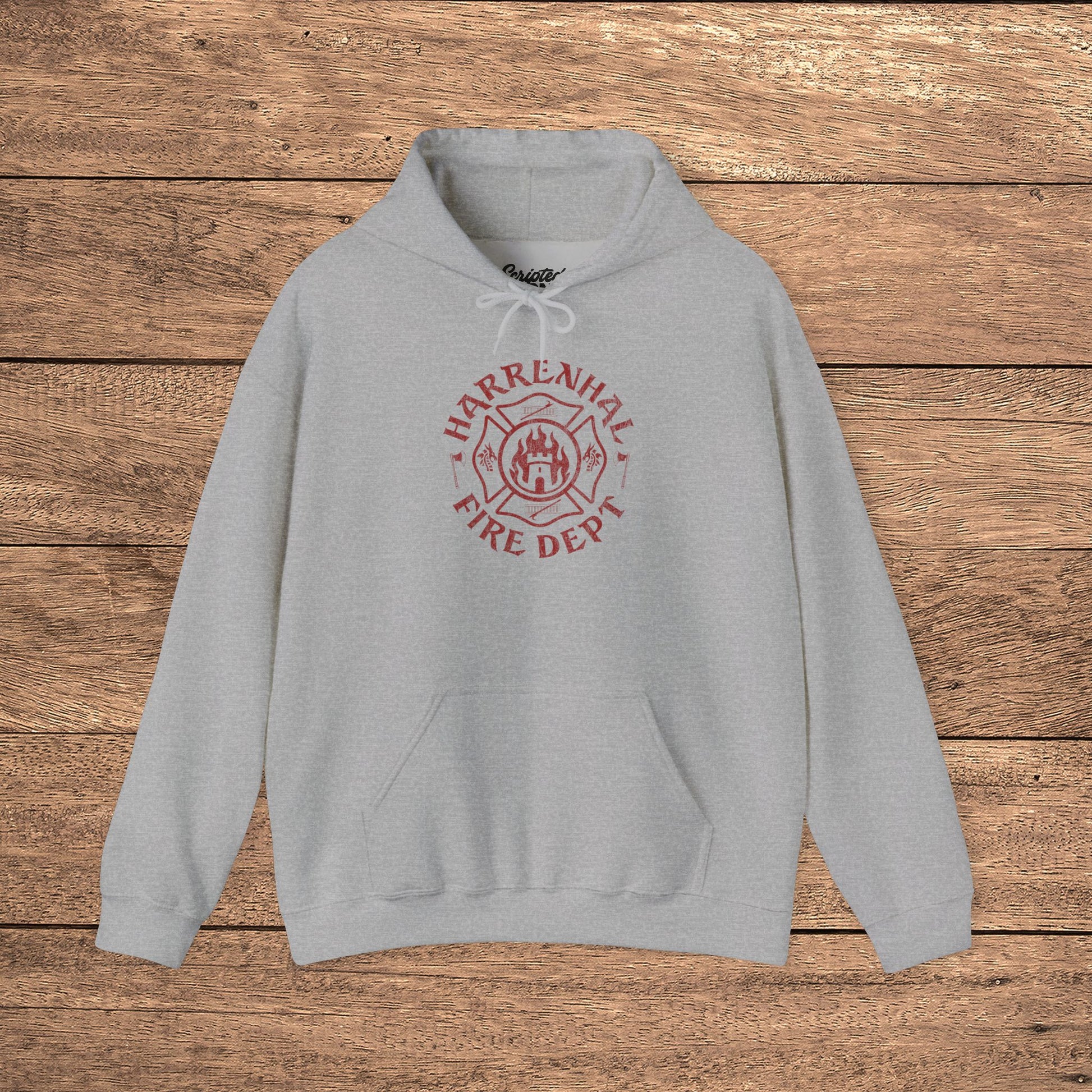 Heather Gray Harrenhal Fire Department vintage distressed graphic hoodie, heavy pullover sweatshirt inspired by Game of Thrones