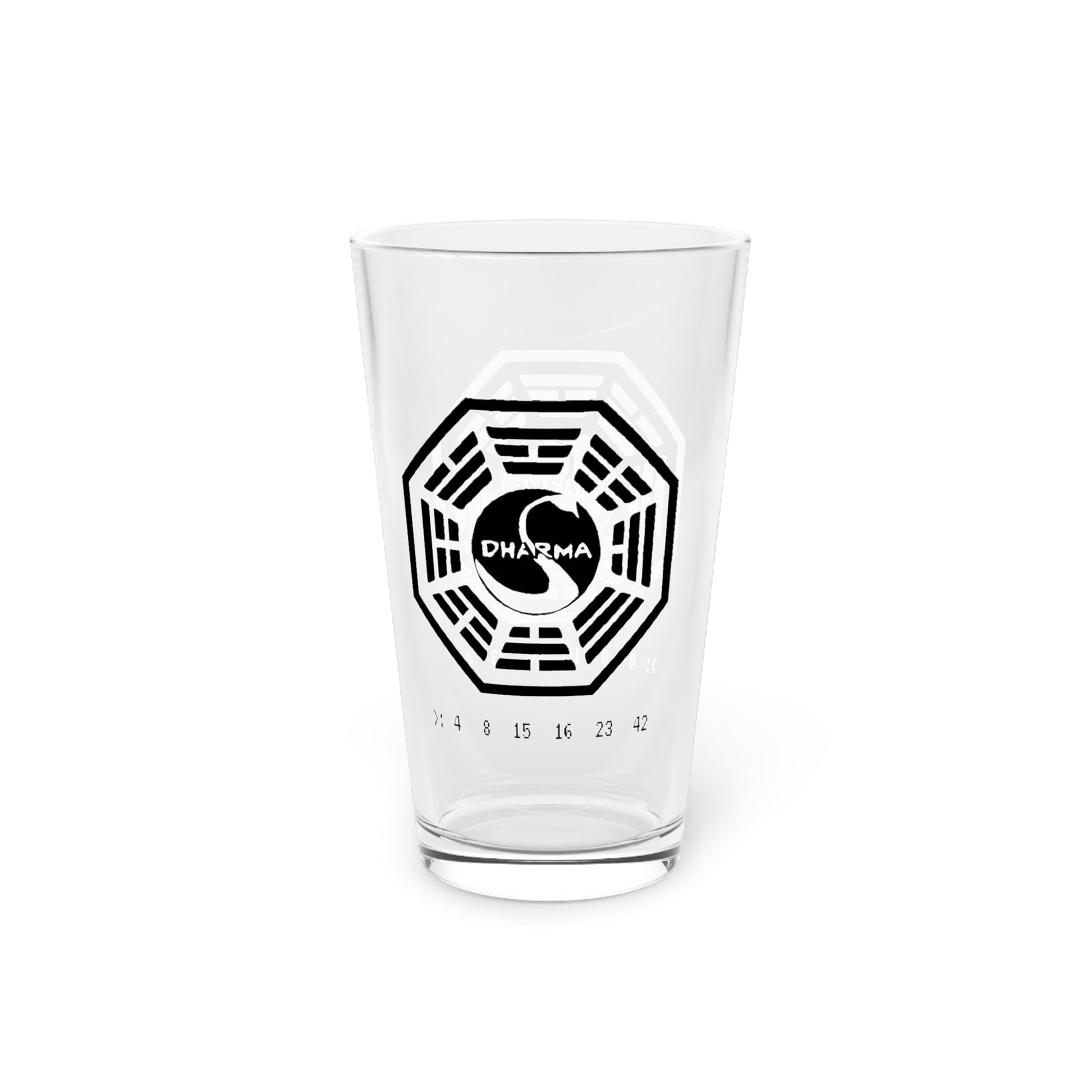 Front view of clear 16 oz pint glass with Dharma Initiative Swan Station logo and hatch numbers from Lost Show, on a white background