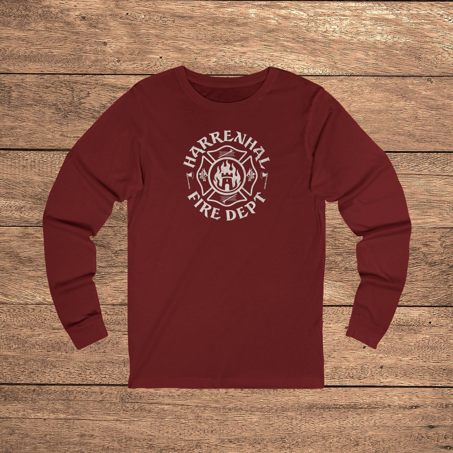 Red Harrenhal Fire Department vintage distressed graphic long-sleeve t-shirt, Bella+Canvas cotton Game of Thrones inspired tee