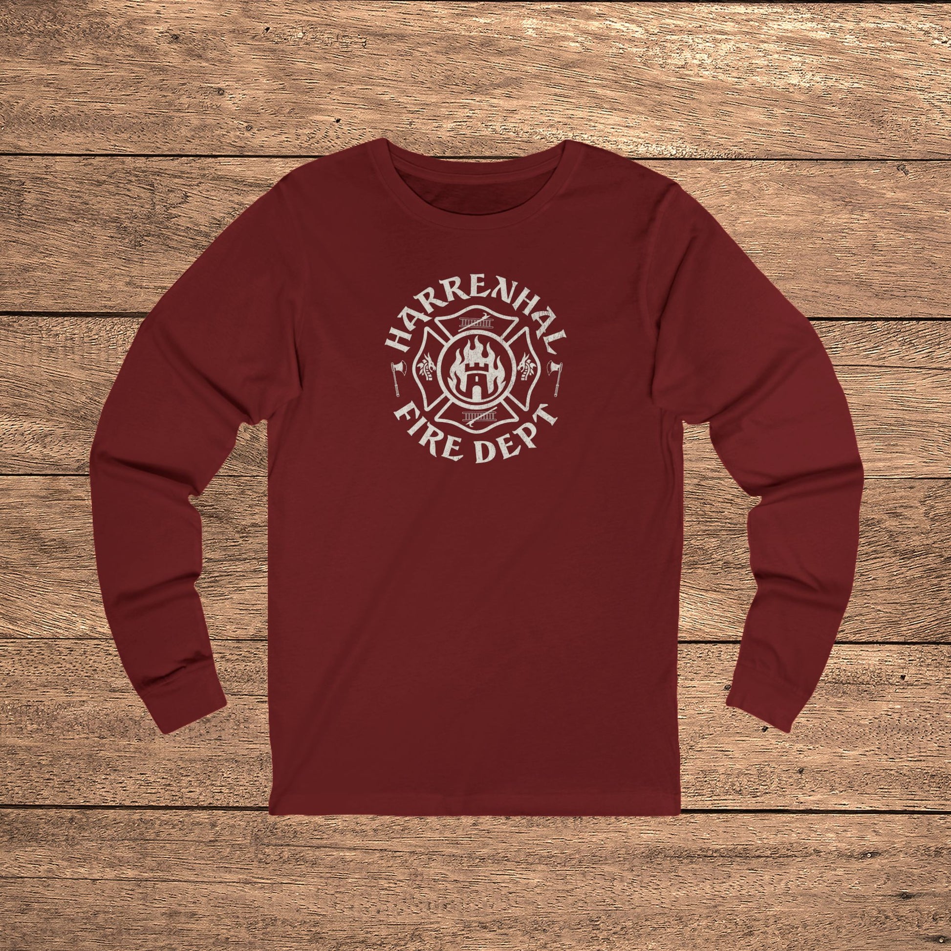 Red Harrenhal Fire Department vintage distressed graphic long-sleeve t-shirt, Bella+Canvas cotton Game of Thrones inspired tee