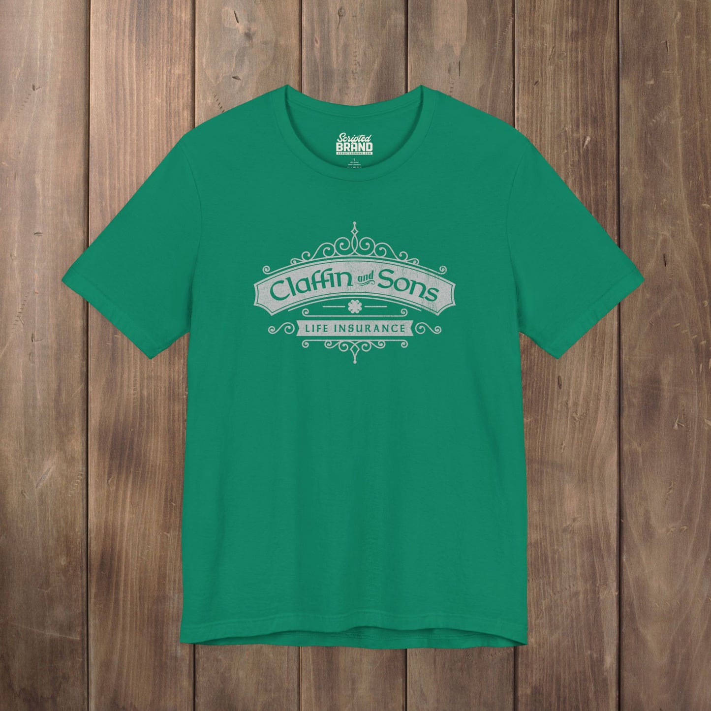 Kelly Green tee with vintage distressed Claffin and Sons Life Insurance, Bad Sisters TV show graphic
