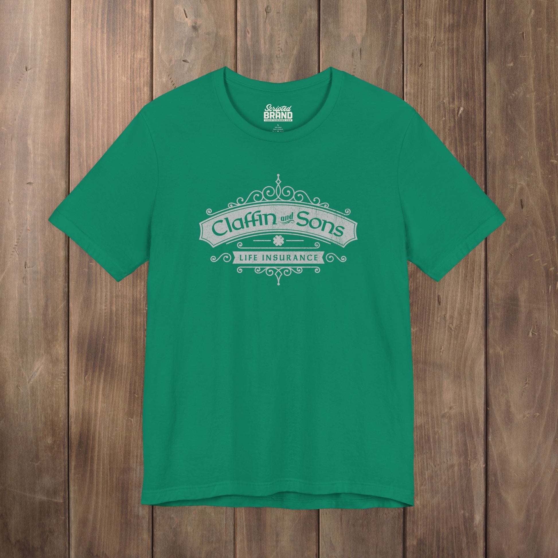 Kelly Green tee with vintage distressed Claffin and Sons Life Insurance, Bad Sisters TV show graphic