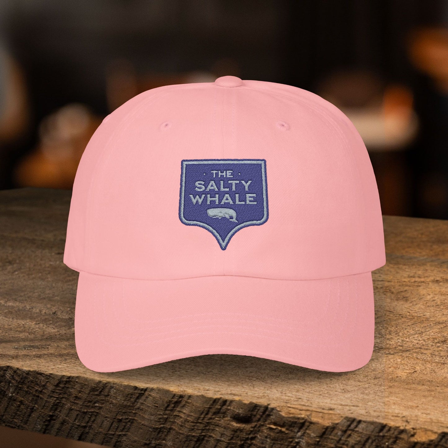 Pink 'The Salty Whale' embroidered sign logo dad cap inspired by Widow's Bay Apple TV series, 100% cotton baseball hat
