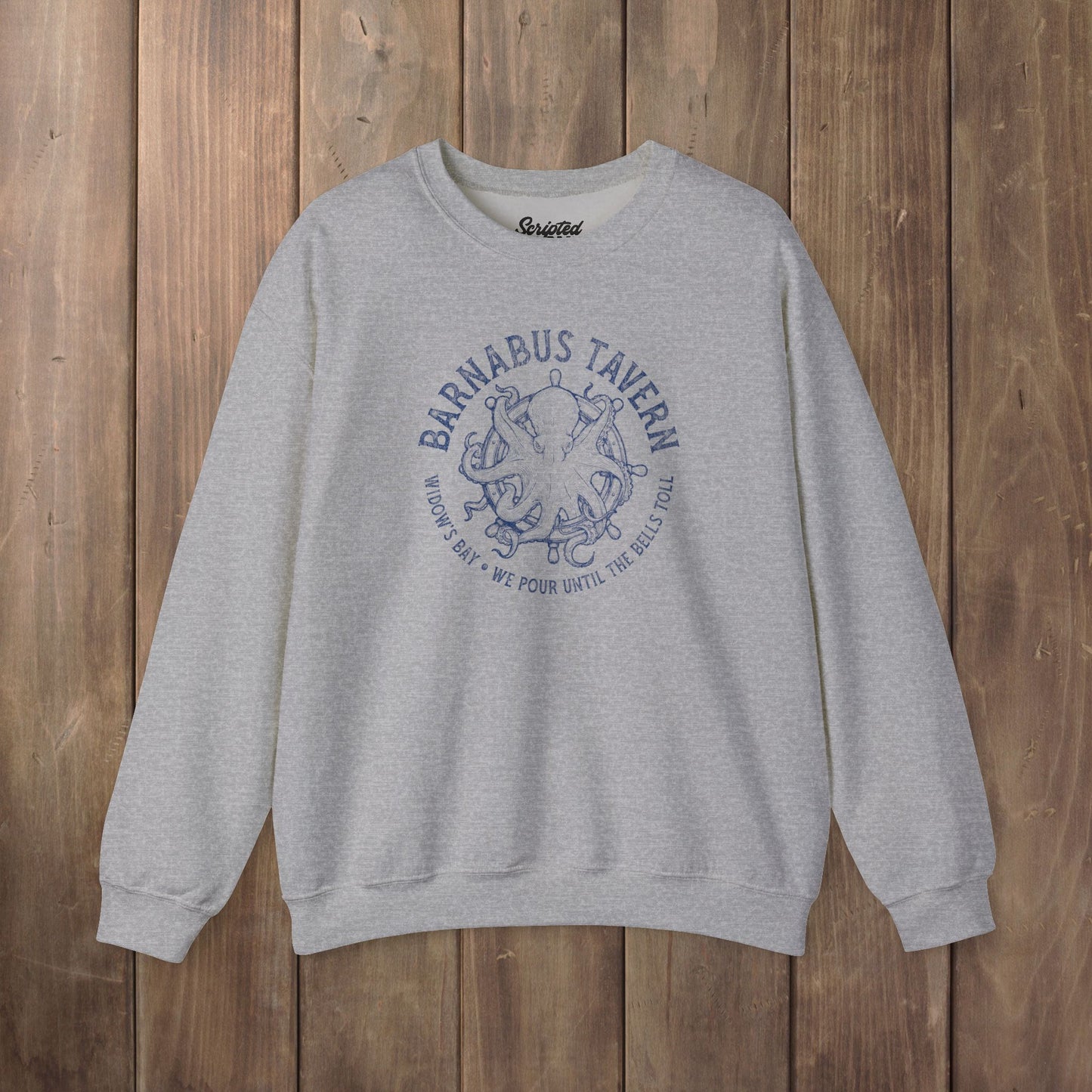 Sport heather gray crewneck sweatshirt with vintage Barnabus Tavern graphic from Widow's Bay TV show octopus design