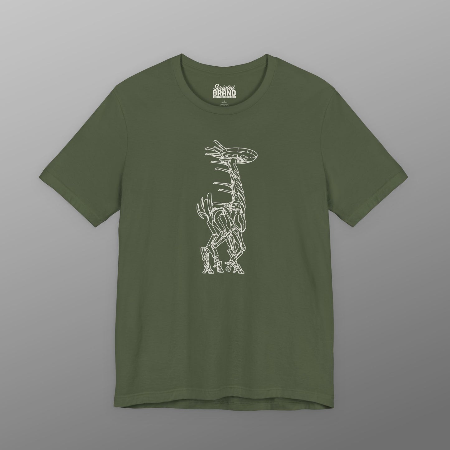 Military green Tallneck vintage line-art graphic t-shirt inspired by Horizon Zero Dawn and Forbidden West, soft Bella+Canvas cotton tee