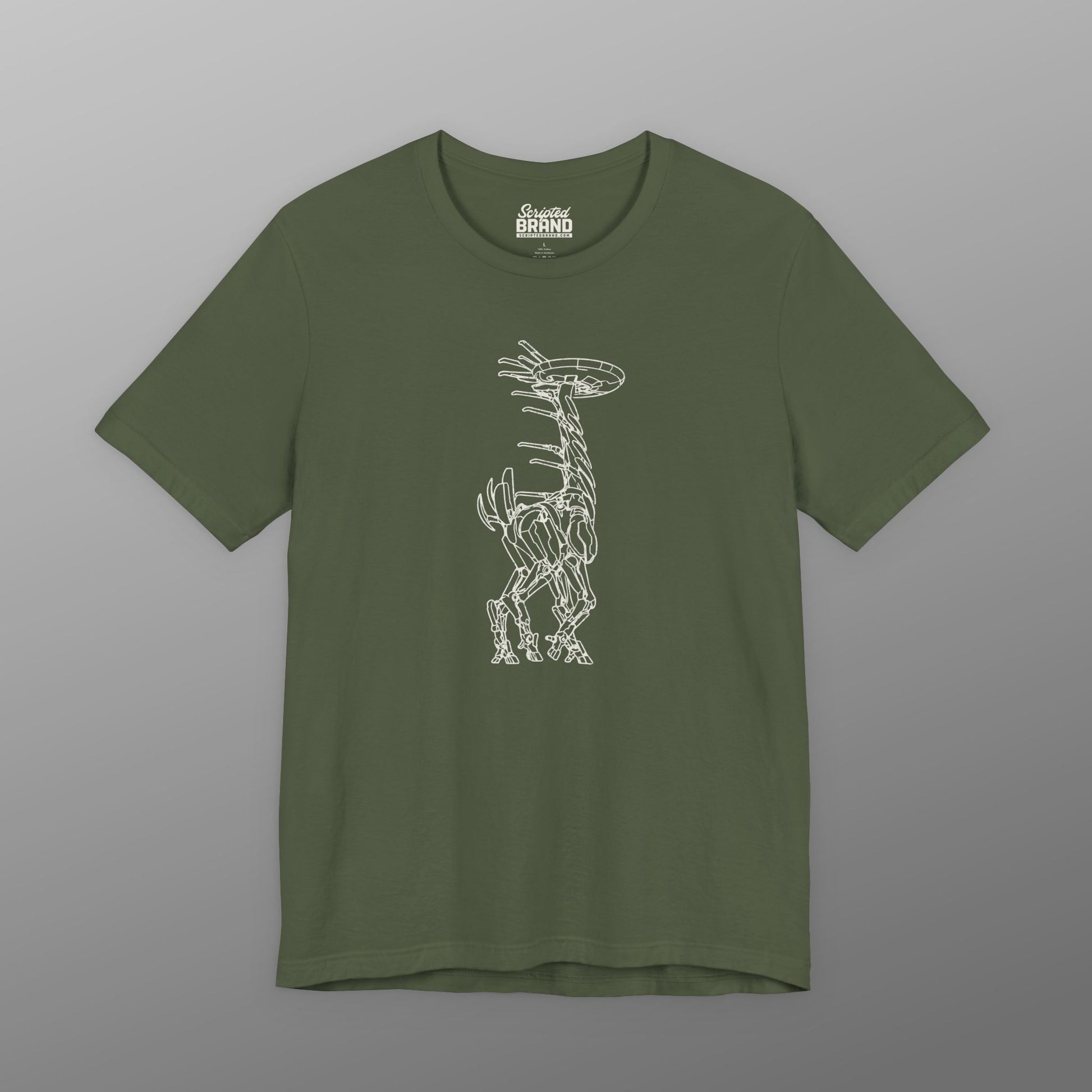 Military green Tallneck vintage line-art graphic t-shirt inspired by Horizon Zero Dawn and Forbidden West, soft Bella+Canvas cotton tee