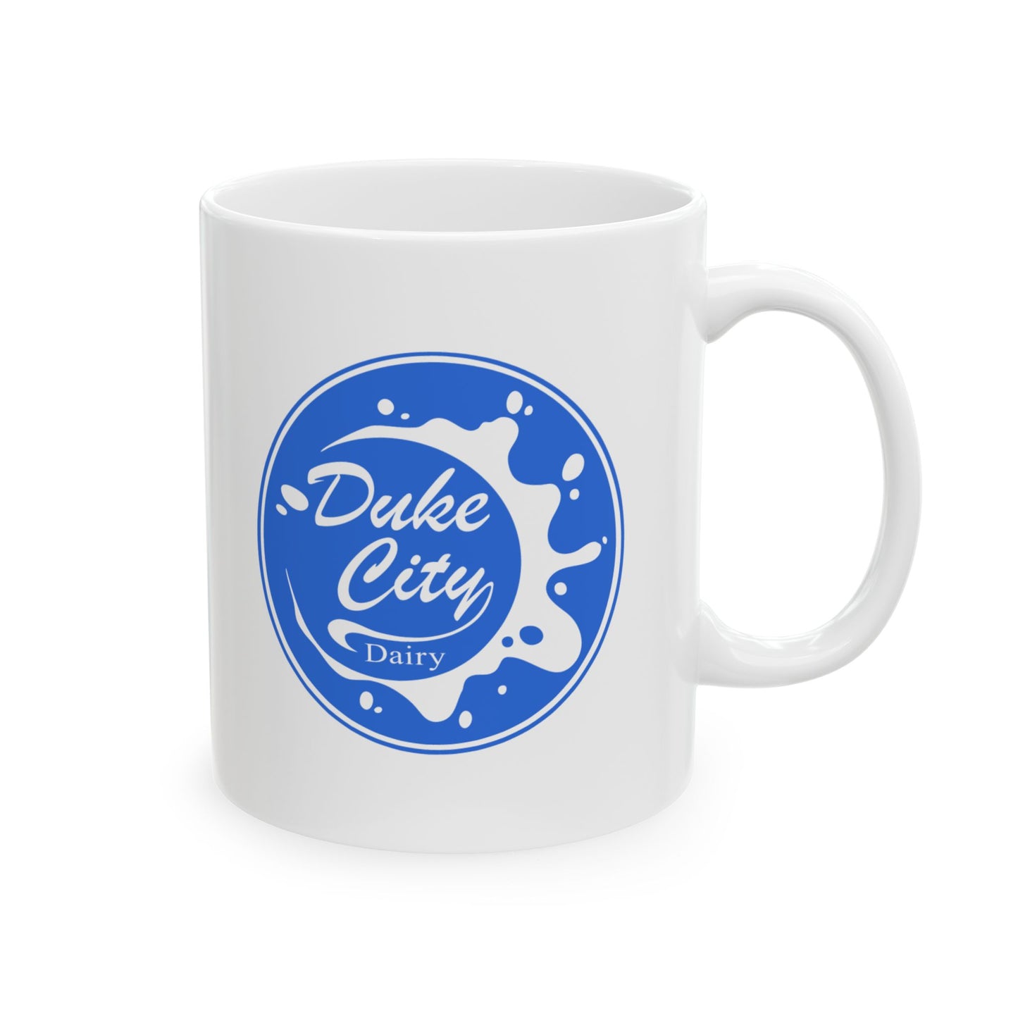 White mug with blue 'Duke City Dairy' logo on a white background