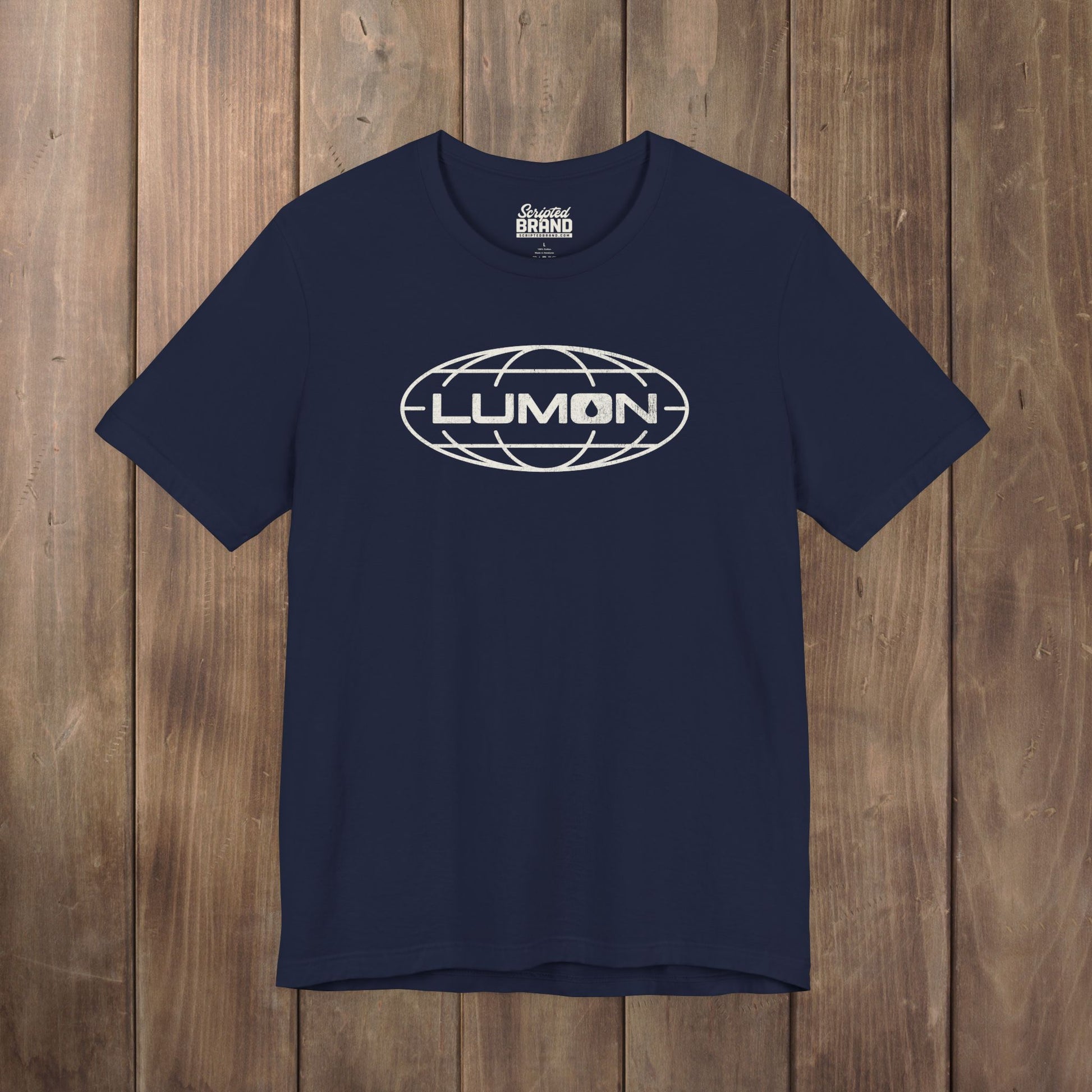 Navy blue Bella+Canvas tee with a vintage distressed Lumon Industries globe logo from the Apple TV show Severance