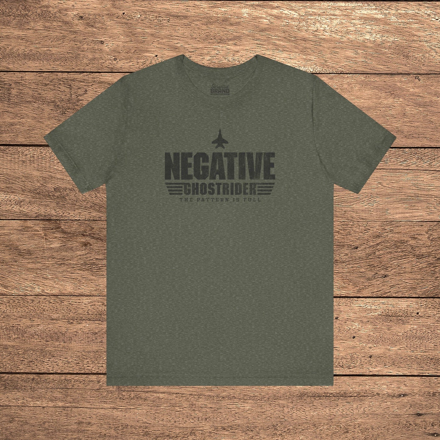Heather Military Green Negative Ghostrider The Pattern Is Full vintage distressed graphic t-shirt, soft Bella+Canvas cotton aviation movie tee