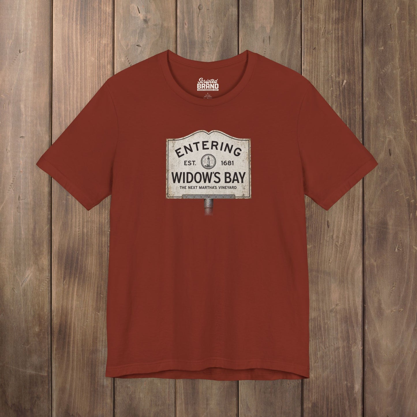 Rust red 'Entering Widow's Bay' vintage town sign t-shirt inspired by Apple TV series, soft Bella+Canvas cotton New England tee