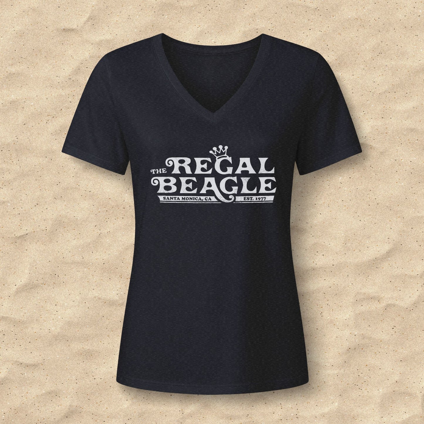 Heather black womens v-neck tee with vintage distressed Regal Beagle Three's Company logo