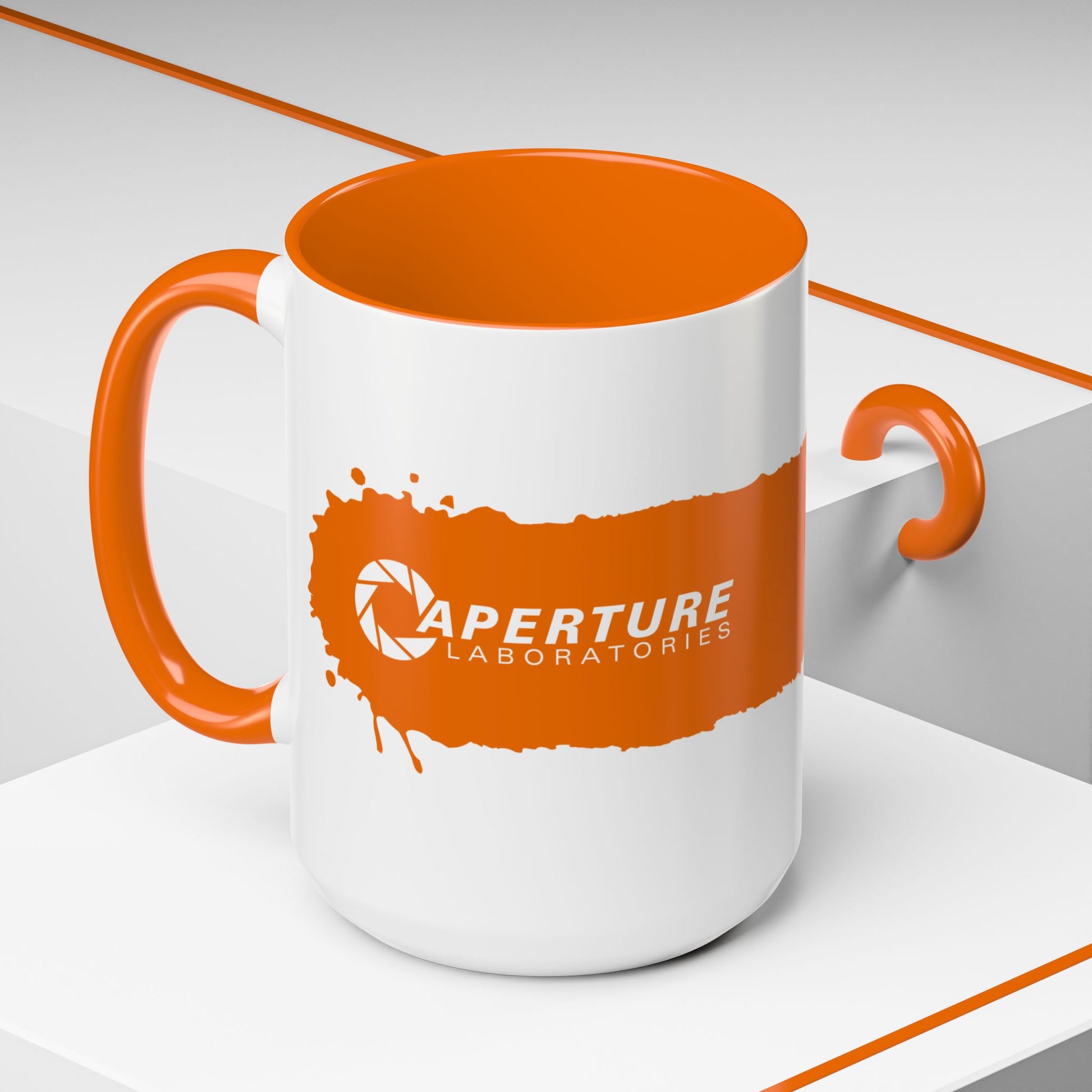 Angled view of 15oz Portal 2 Aperture Laboratories orange Propulsion Gel accent mug with orange handle, glossy ceramic.