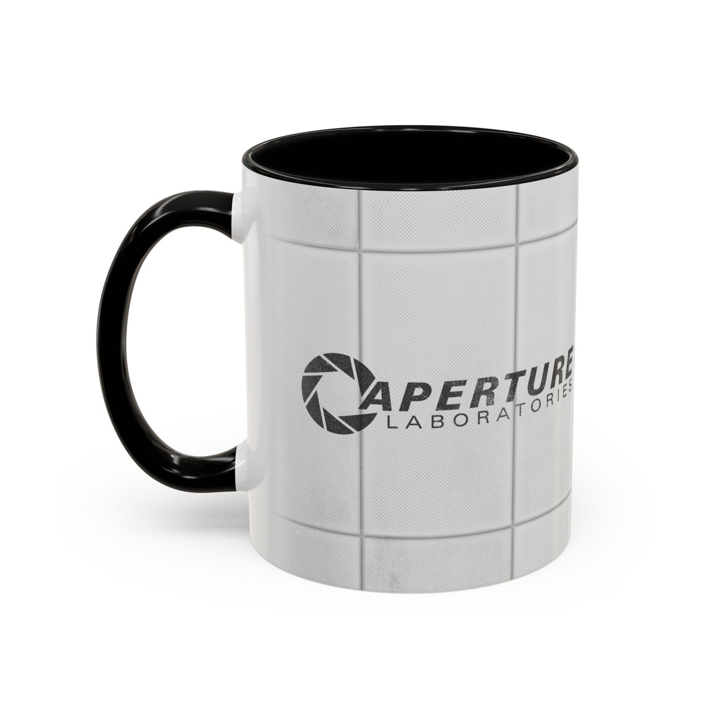 Left handle view of Black accent 11oz mug with Aperture Laboratories logo, Portal test chamber panel wall wrap, logo printed both sides.