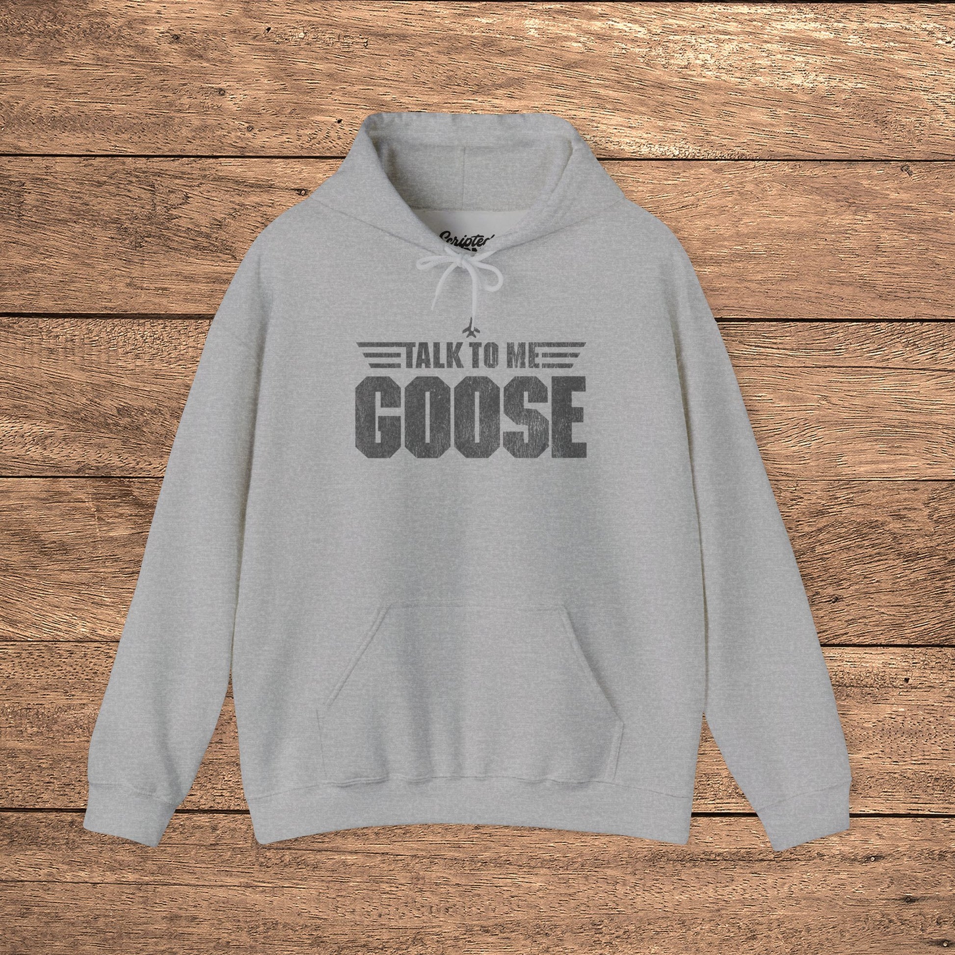 Heather gray Talk to Me Goose vintage distressed graphic hoodie inspired by Top Gun, heavy blend cotton sweatshirt