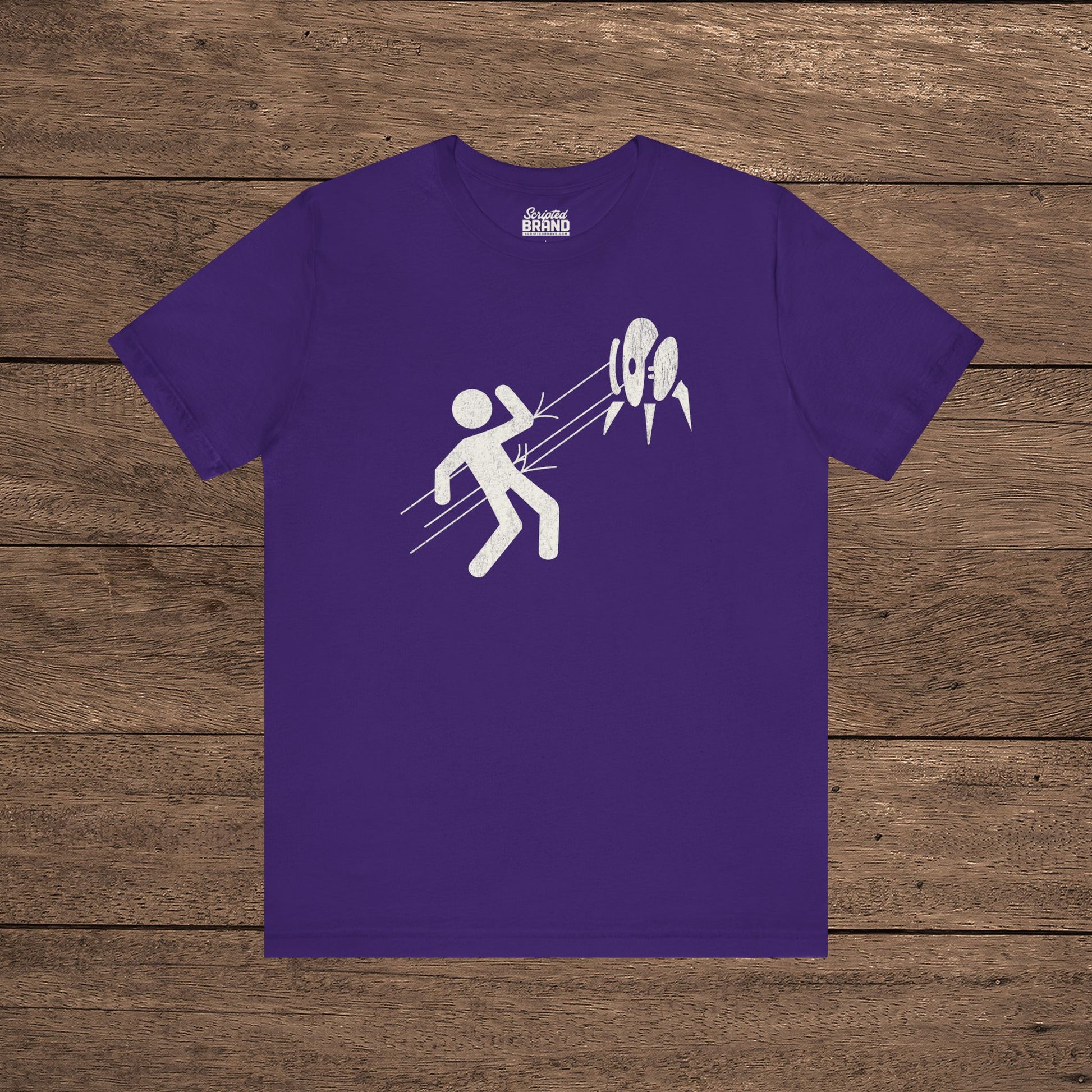 Purple Aperture Science Turret warning icon t-shirt on Bella+Canvas 3001, vintage distressed print, Portal and Portal 2 fan tee.