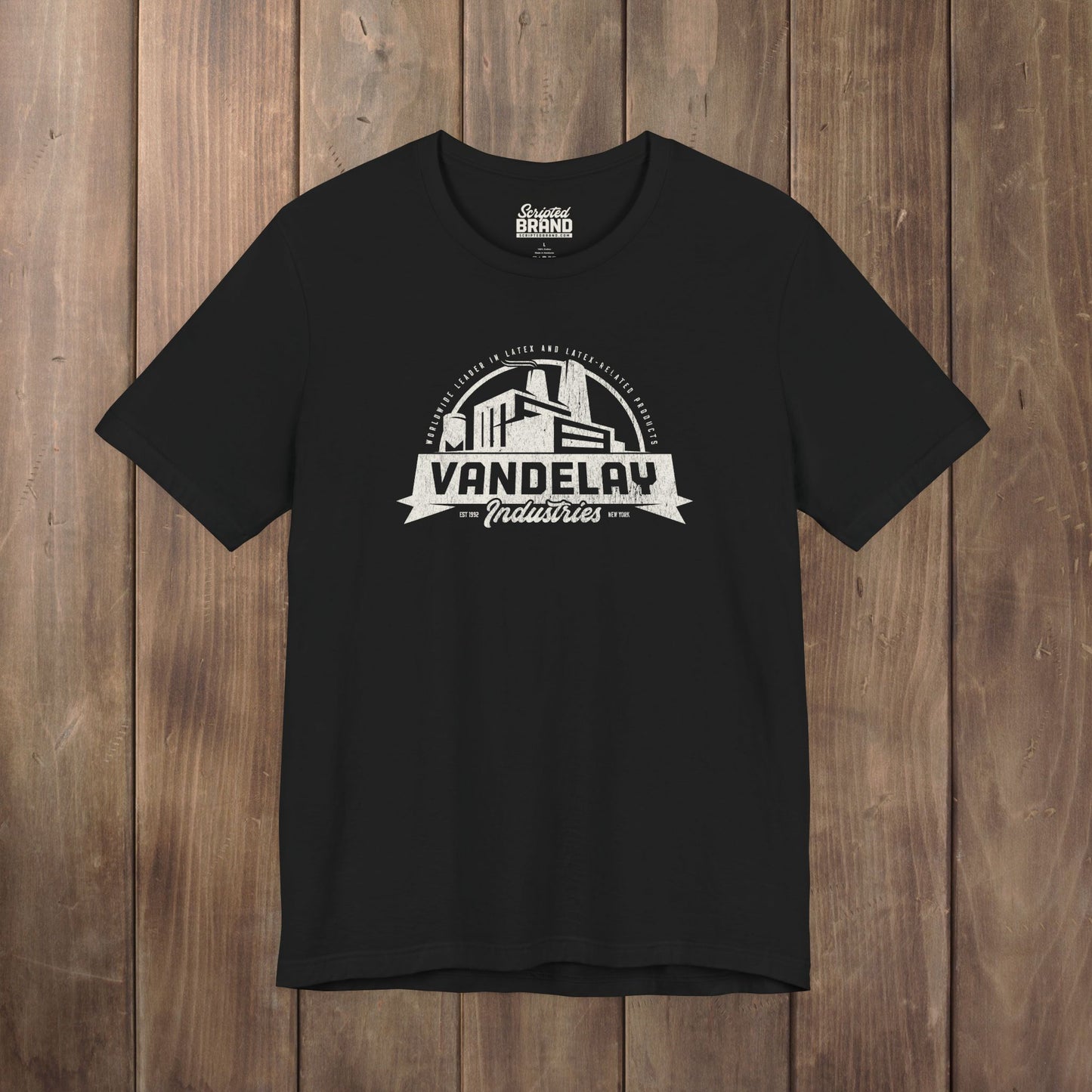 Black Bella+Canvas 3001 t-shirt with a Vandelay Industries logo that George Costanza made up in the TV Show Seinfeld.
