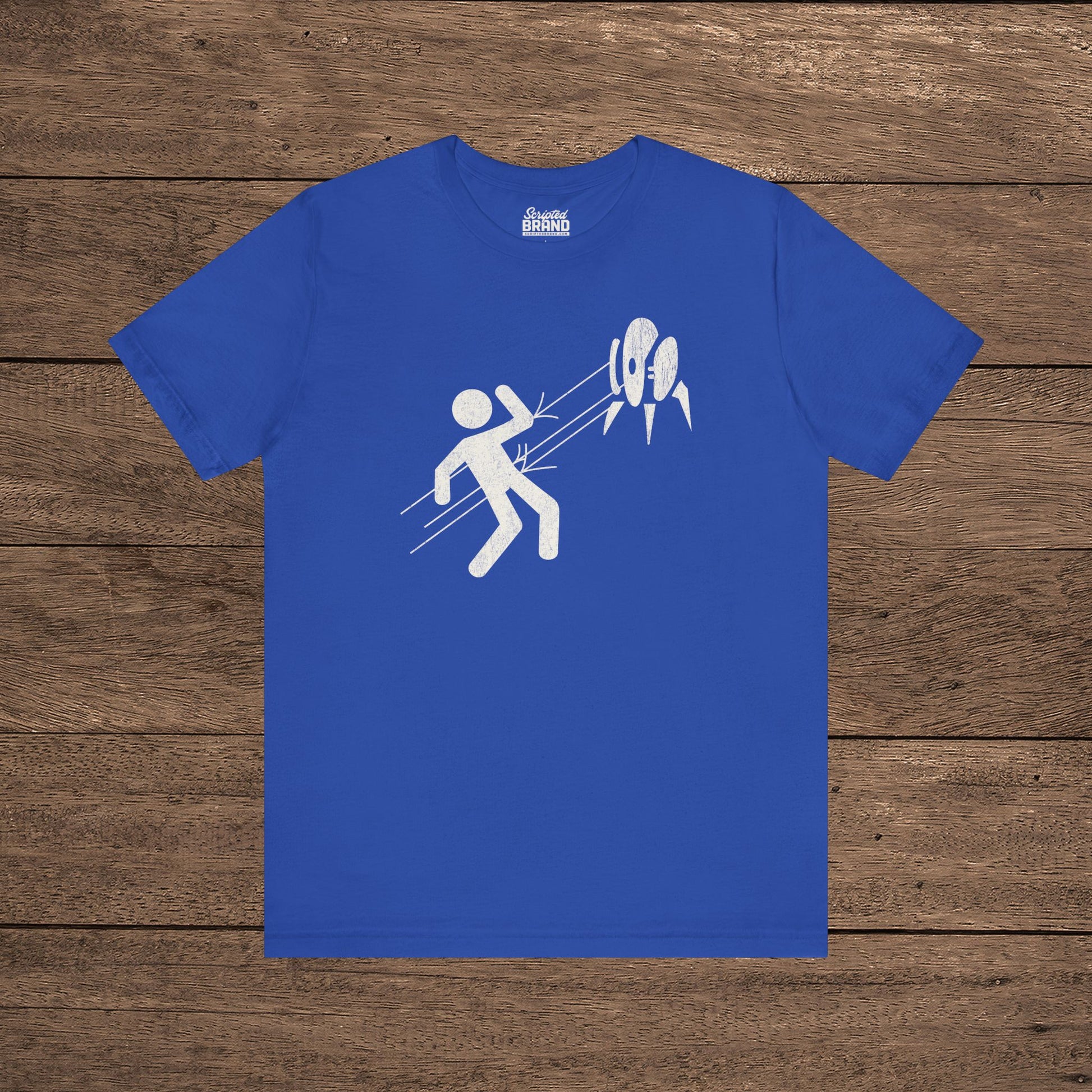 Blue Aperture Science Turret warning icon t-shirt on Bella+Canvas 3001, vintage distressed print, Portal and Portal 2 fan tee.