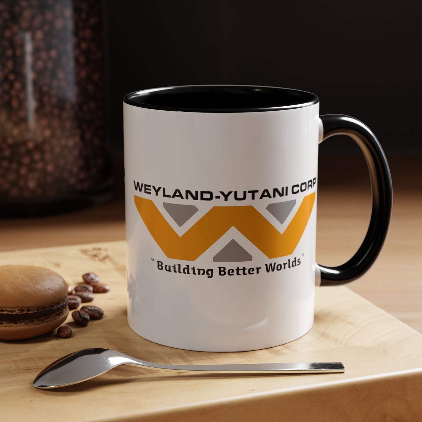 11 oz Weyland-Yutani Corp ceramic accent mug inspired by Alien movie, Building Better Worlds logo on white mug with black handle in kitchen
