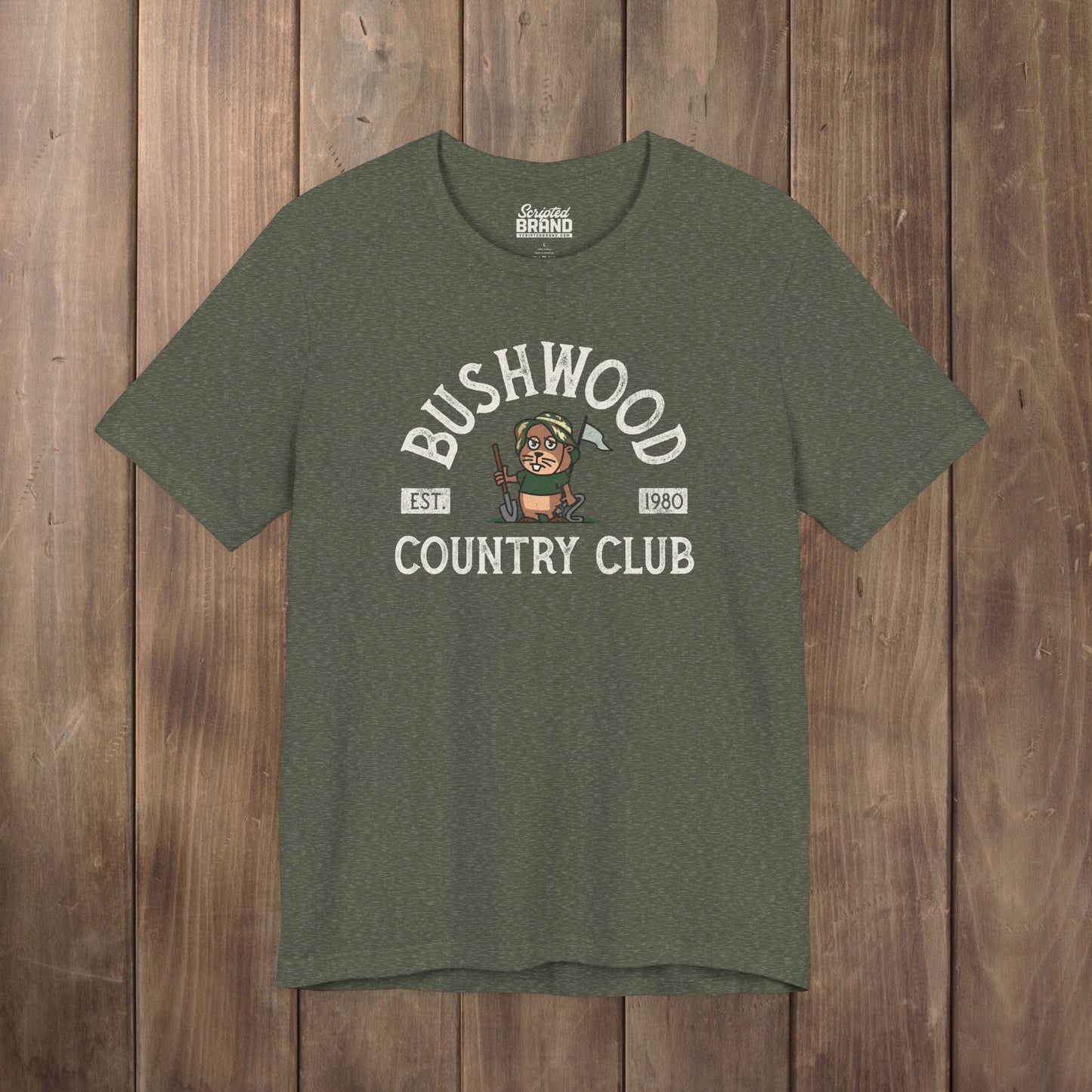Heather military Green Bella+Canvas tee with a vintage distressed Bushwood Country Club golf gopher logo from Caddyshack