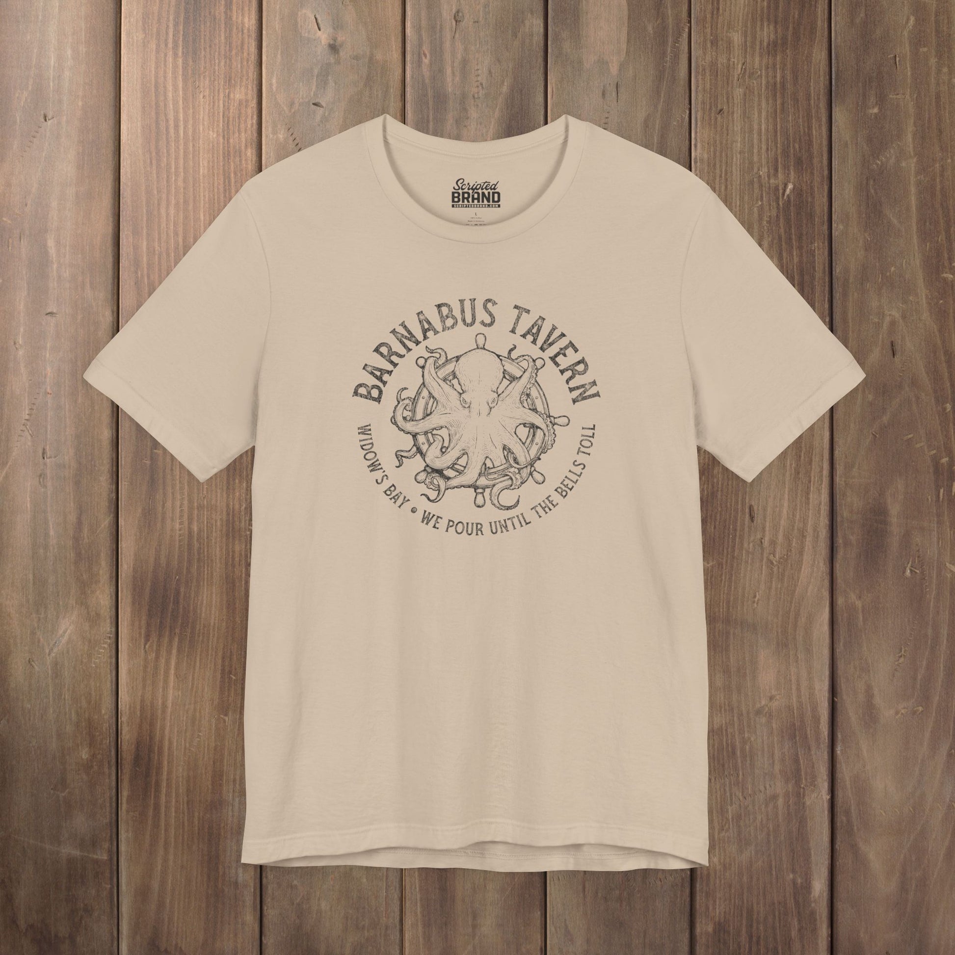 Tan tee with vintage engraved Barnabus Tavern octopus and ship's wheel Widow's Bay design