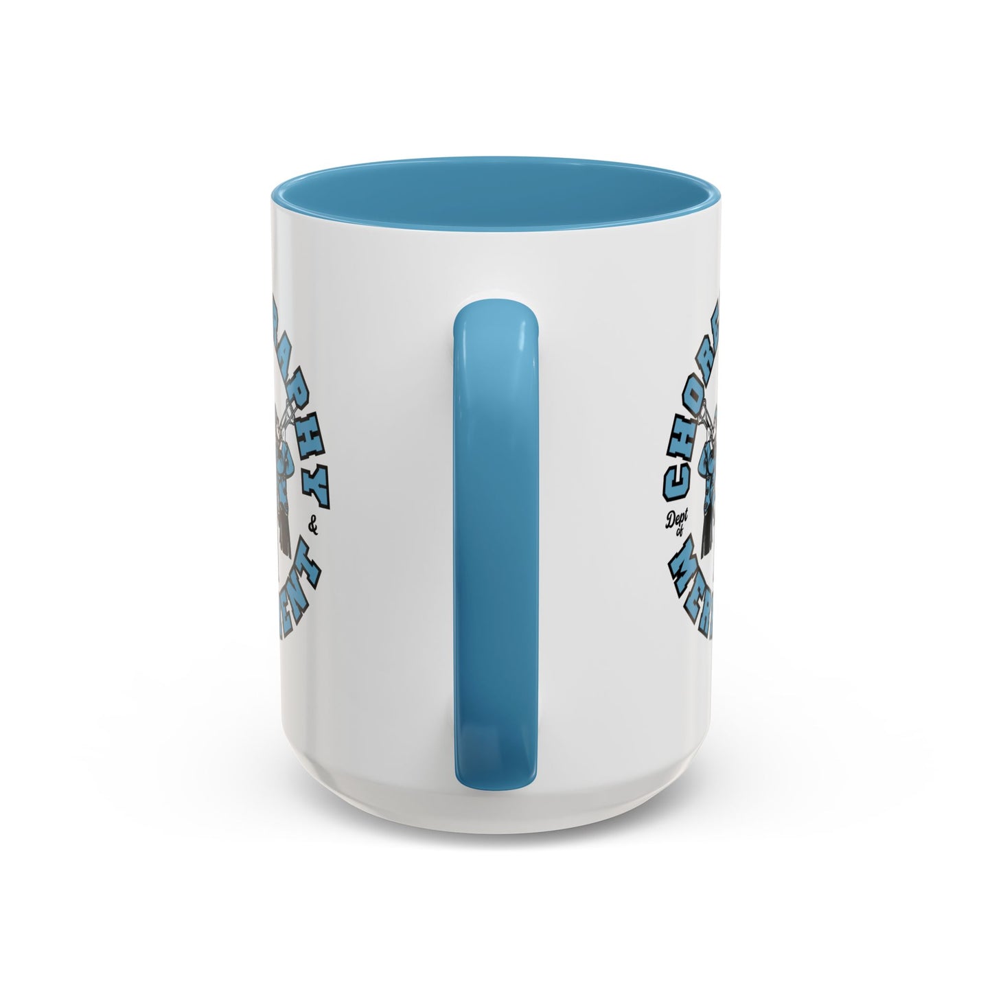 Side view of White ceramic accent mug with blue handle featuring Severance Dept. of Choreography & Merriment graphic on both sides.