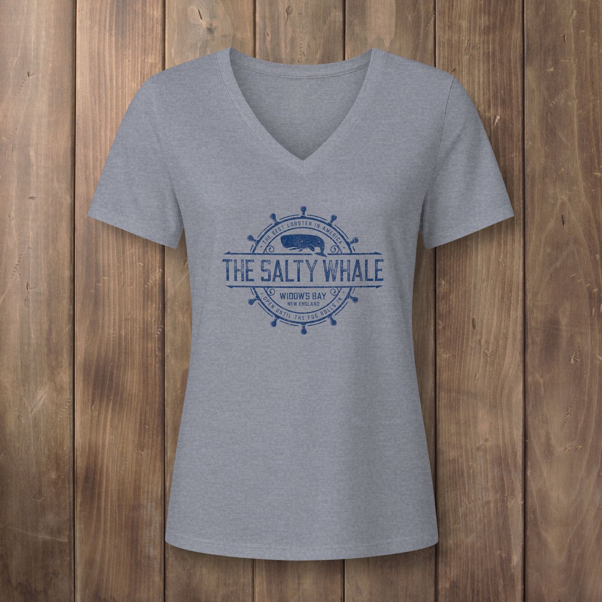Heather gray womens v-neck tee with vintage The Salty Whale nautical crest inspired by Widow's Bay show