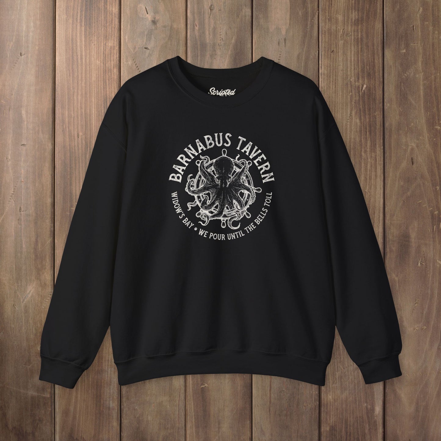Black crewneck sweatshirt with vintage Barnabus Tavern graphic from Widow's Bay TV show octopus design