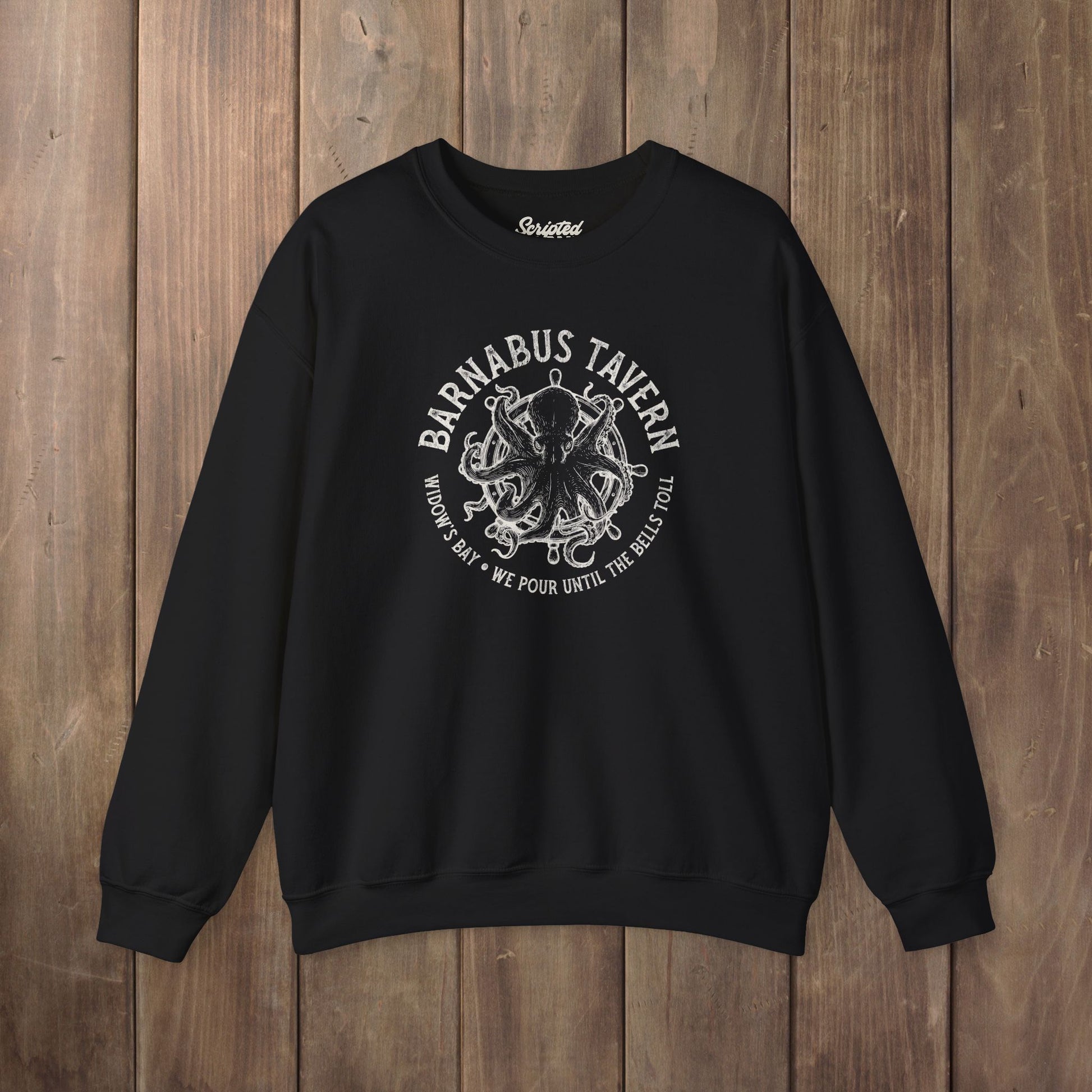 Black crewneck sweatshirt with vintage Barnabus Tavern graphic from Widow's Bay TV show octopus design