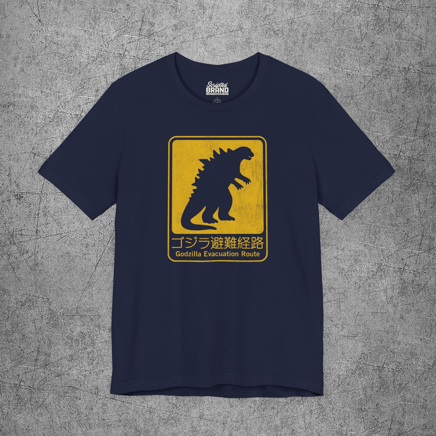 Navy blue Godzilla Evacuation Route distressed graphic t-shirt inspired by Monarch Legacy of Monsters, soft Bella+Canvas tee