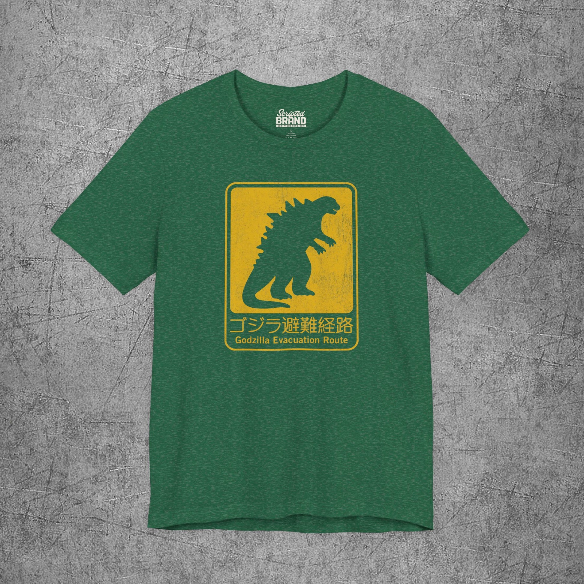 Heather green Godzilla Evacuation Route distressed graphic t-shirt inspired by Monarch Legacy of Monsters, soft Bella+Canvas tee