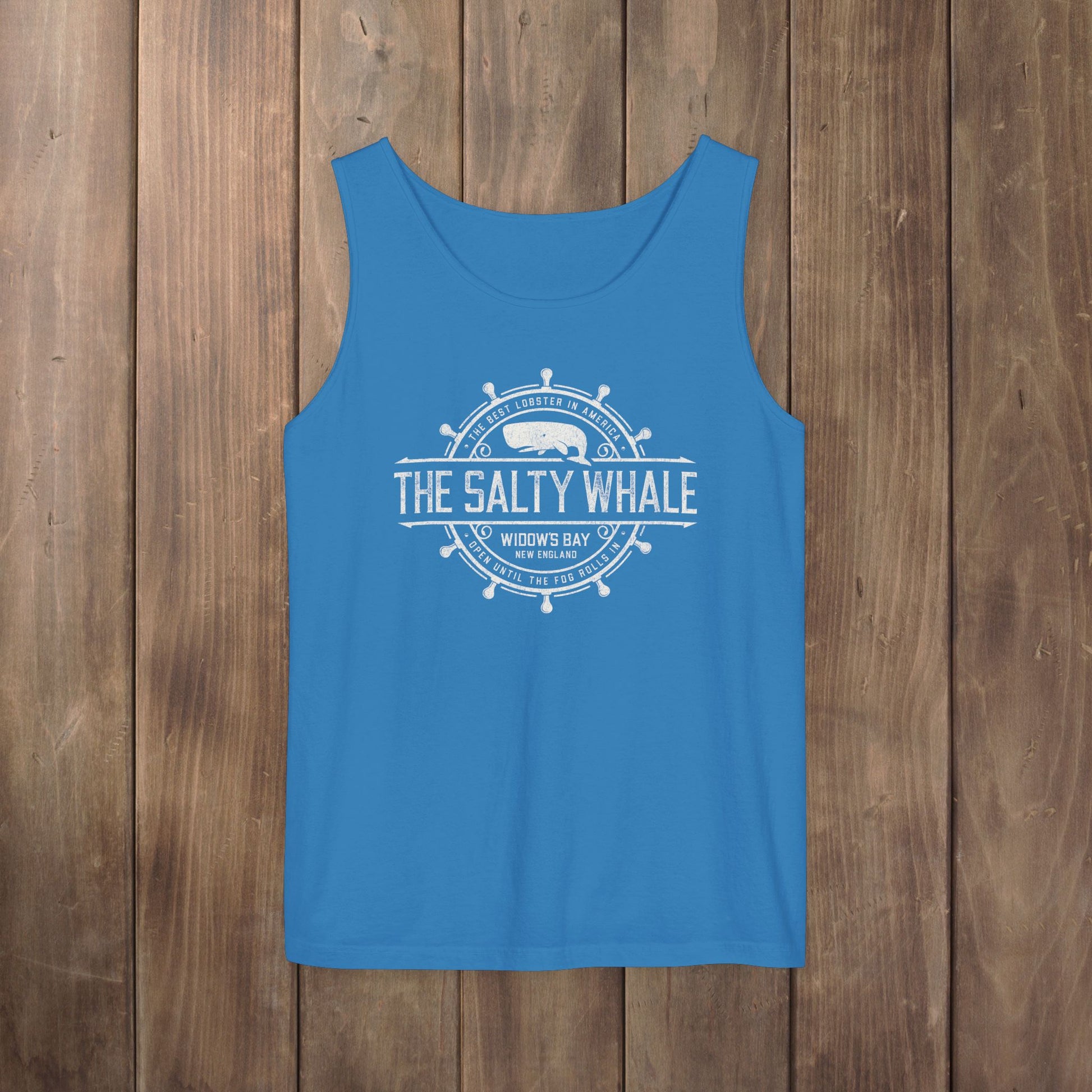 Blue garment-dyed tank top with vintage Widow's Bay The Salty Whale nautical crest design