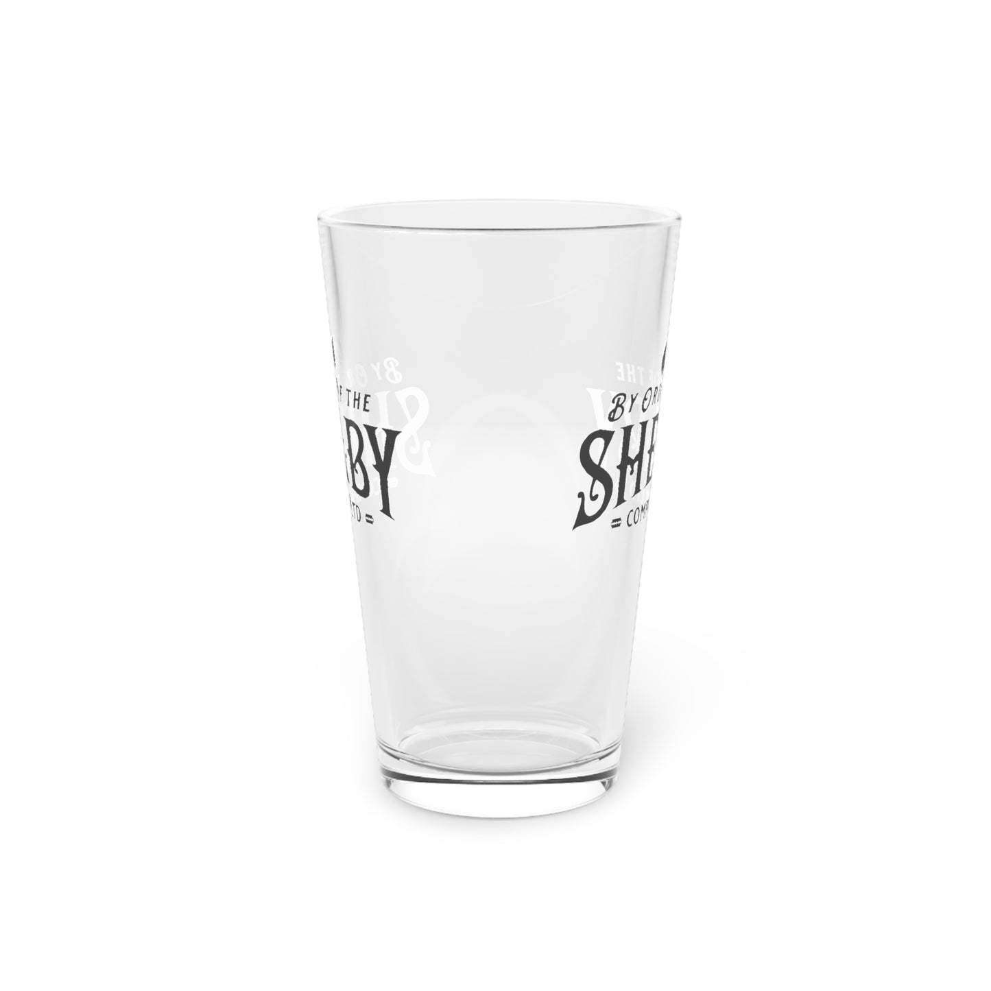 Side view of 16 ounce Pint Glass with Shelby Company LTD logo from Peaky Blinders printed on both sides.