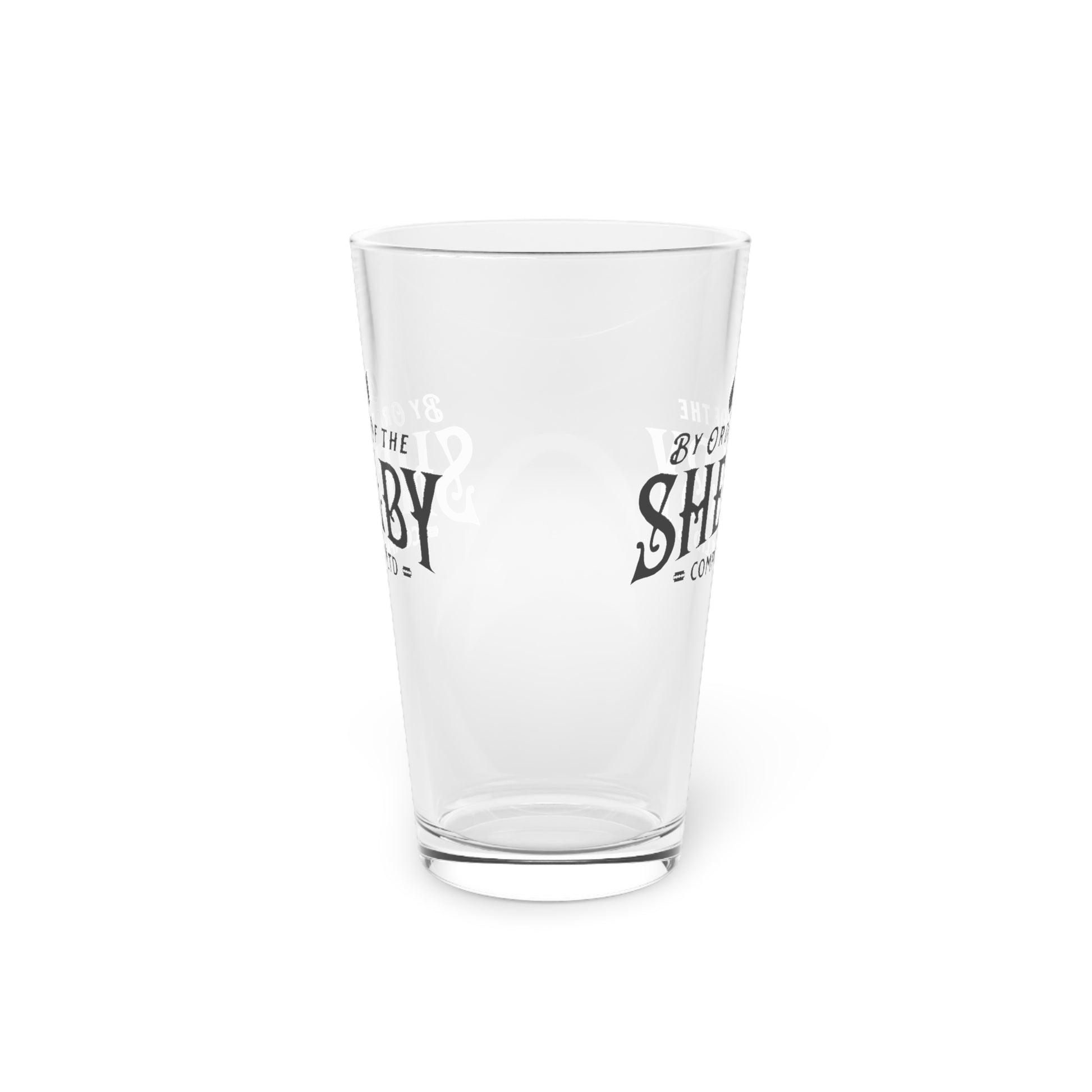 Side view of 16 ounce Pint Glass with Shelby Company LTD logo from Peaky Blinders printed on both sides.
